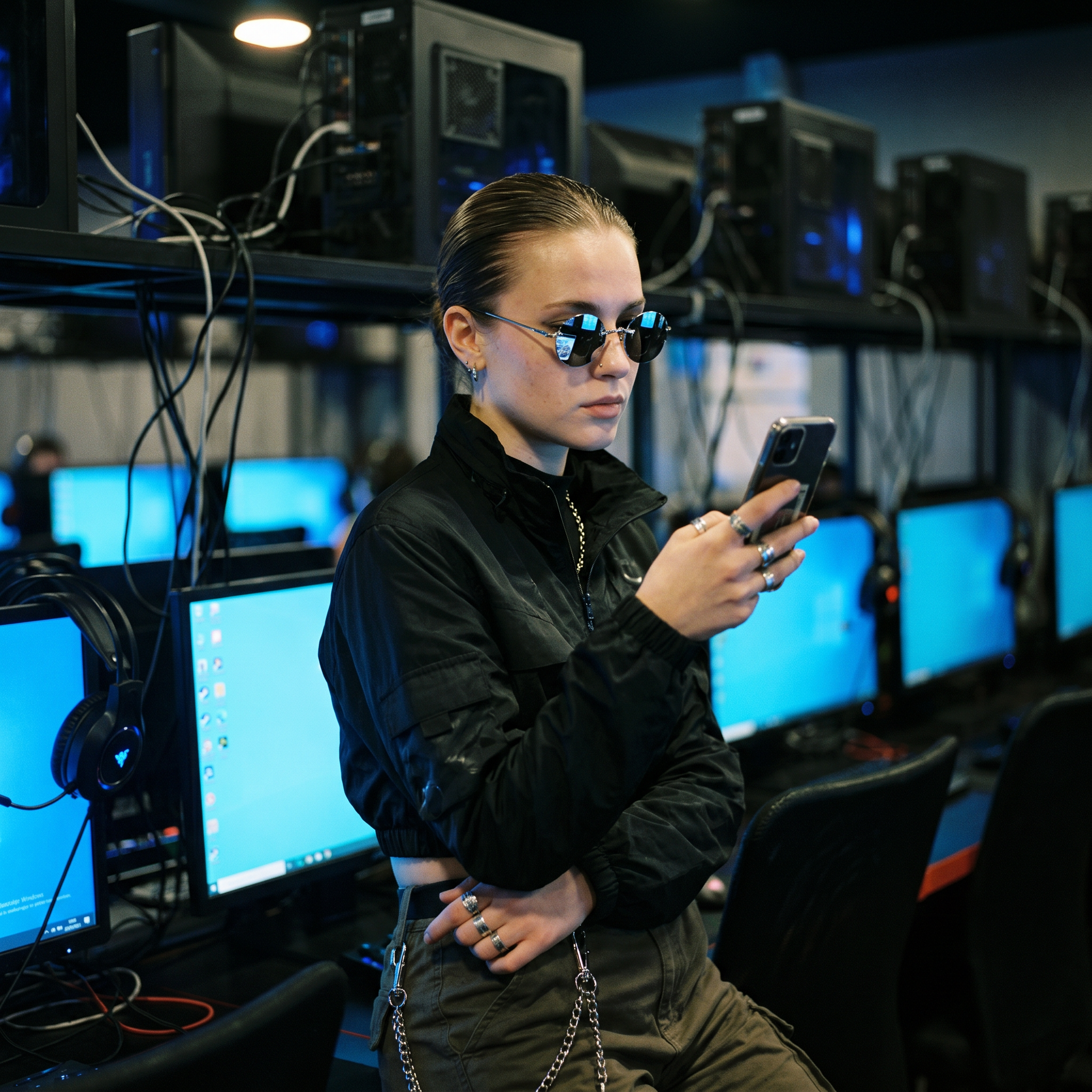 Round rimless clip-on sunglasses in silver mirror worn in a late-night internet cafe