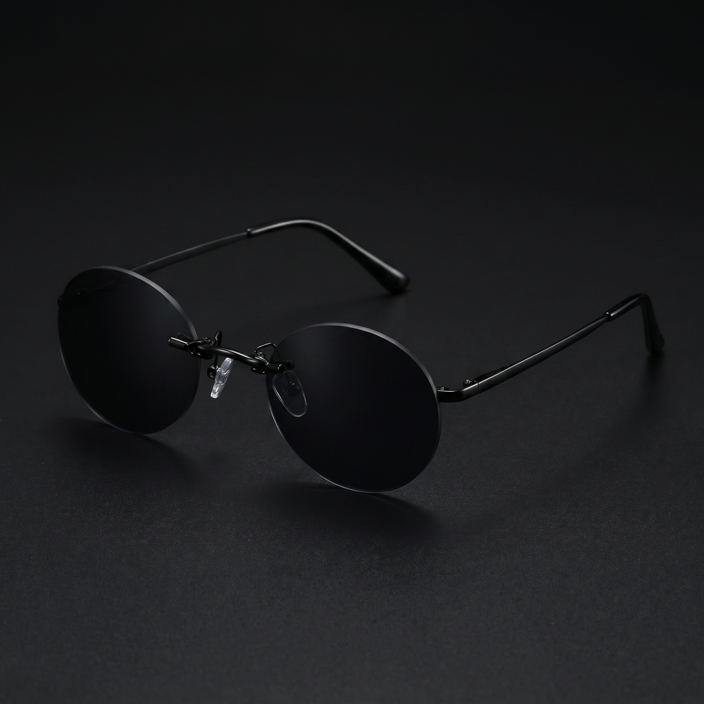 Round rimless clip-on sunglasses black colorway studio close-up
