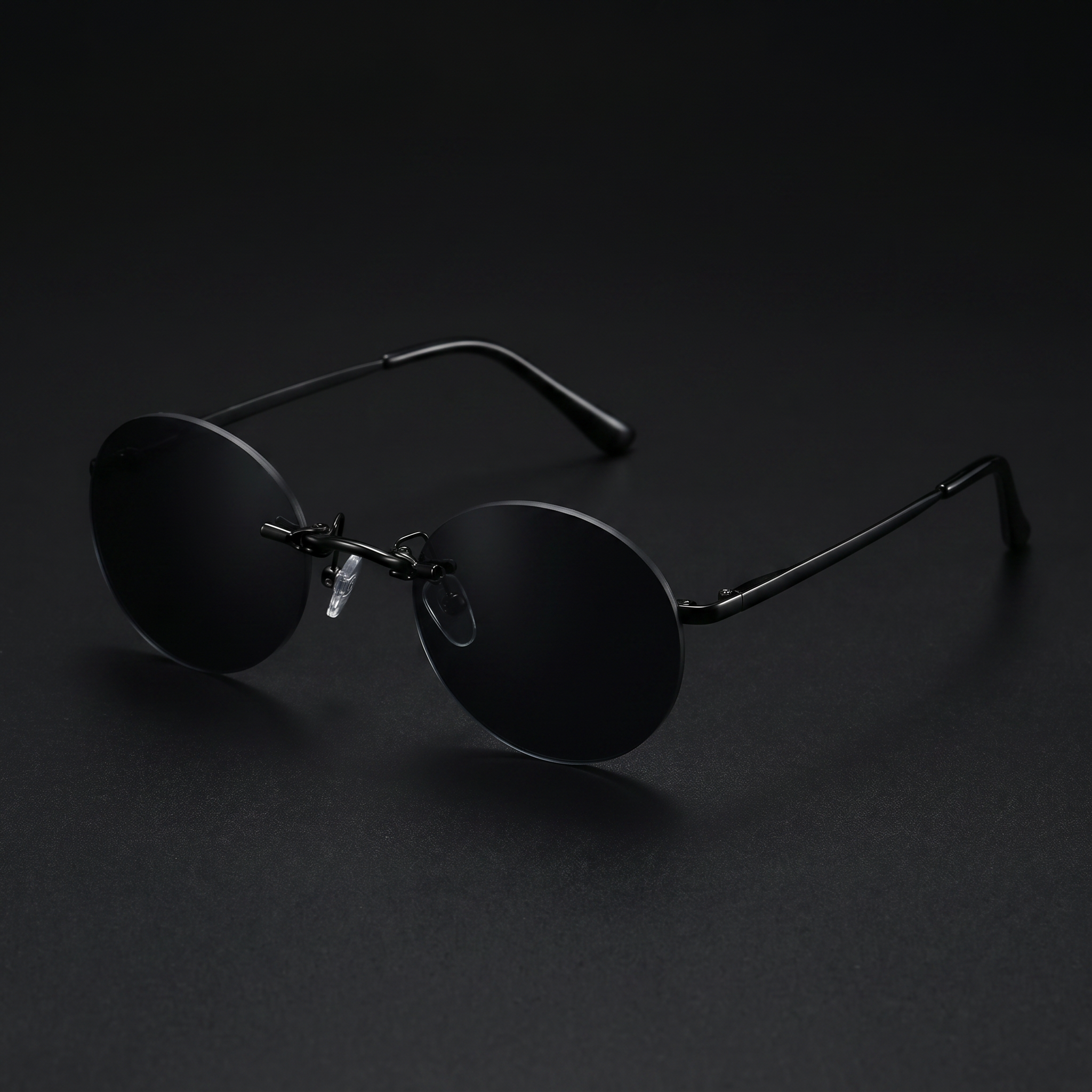 Round rimless clip-on sunglasses black colorway studio close-up