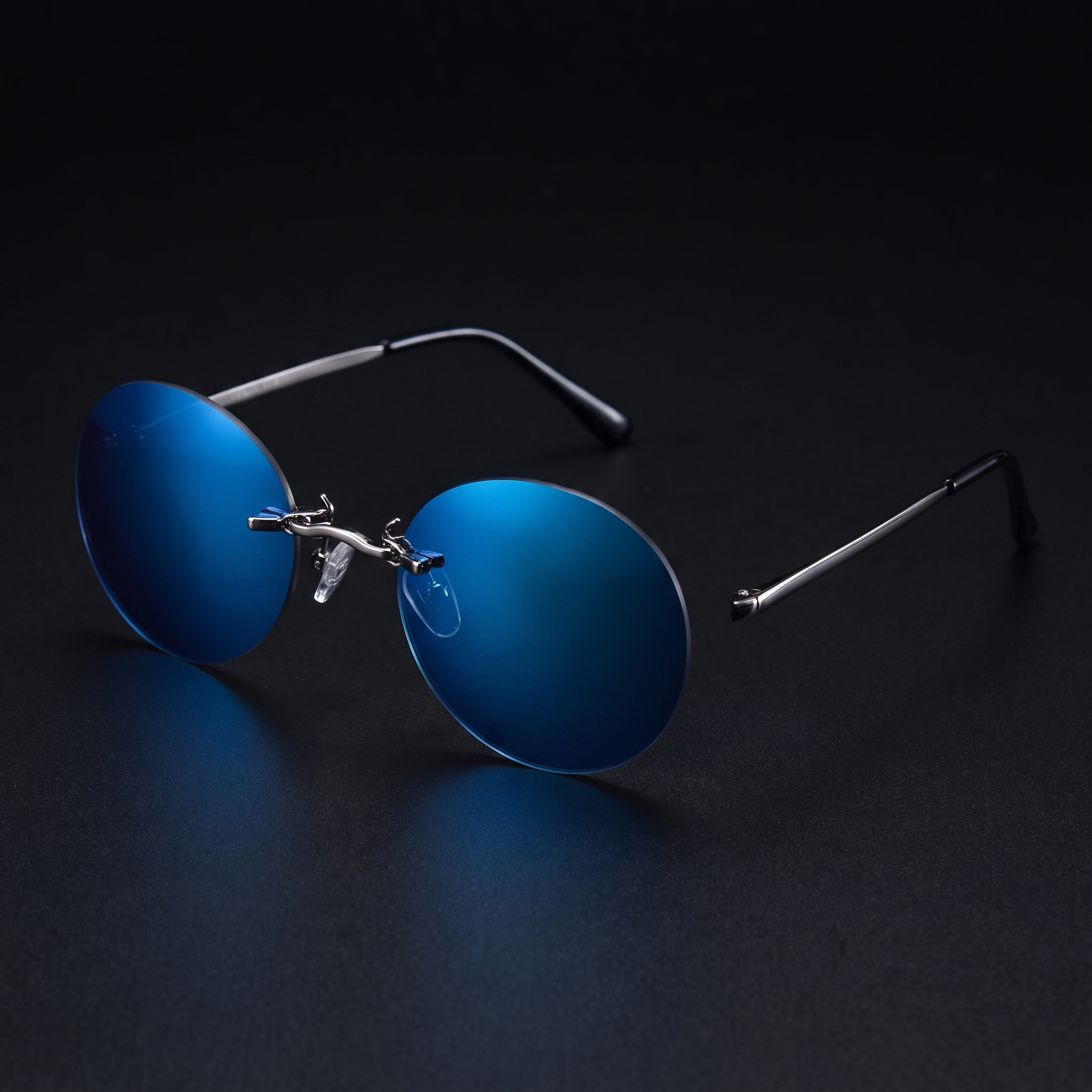 Round rimless clip-on sunglasses blue mirror colorway studio close-up