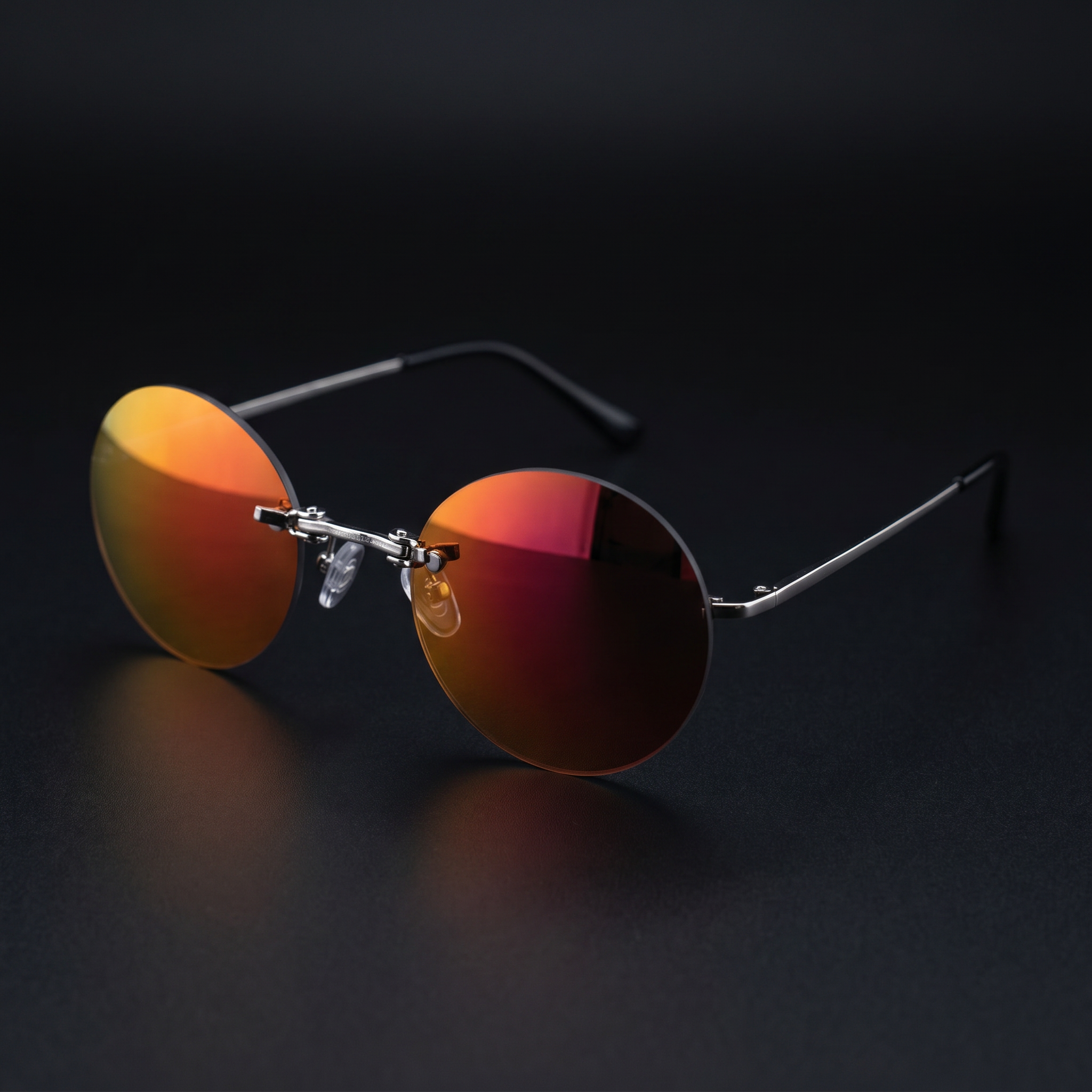 Round rimless clip-on sunglasses sunset mirror colorway studio close-up