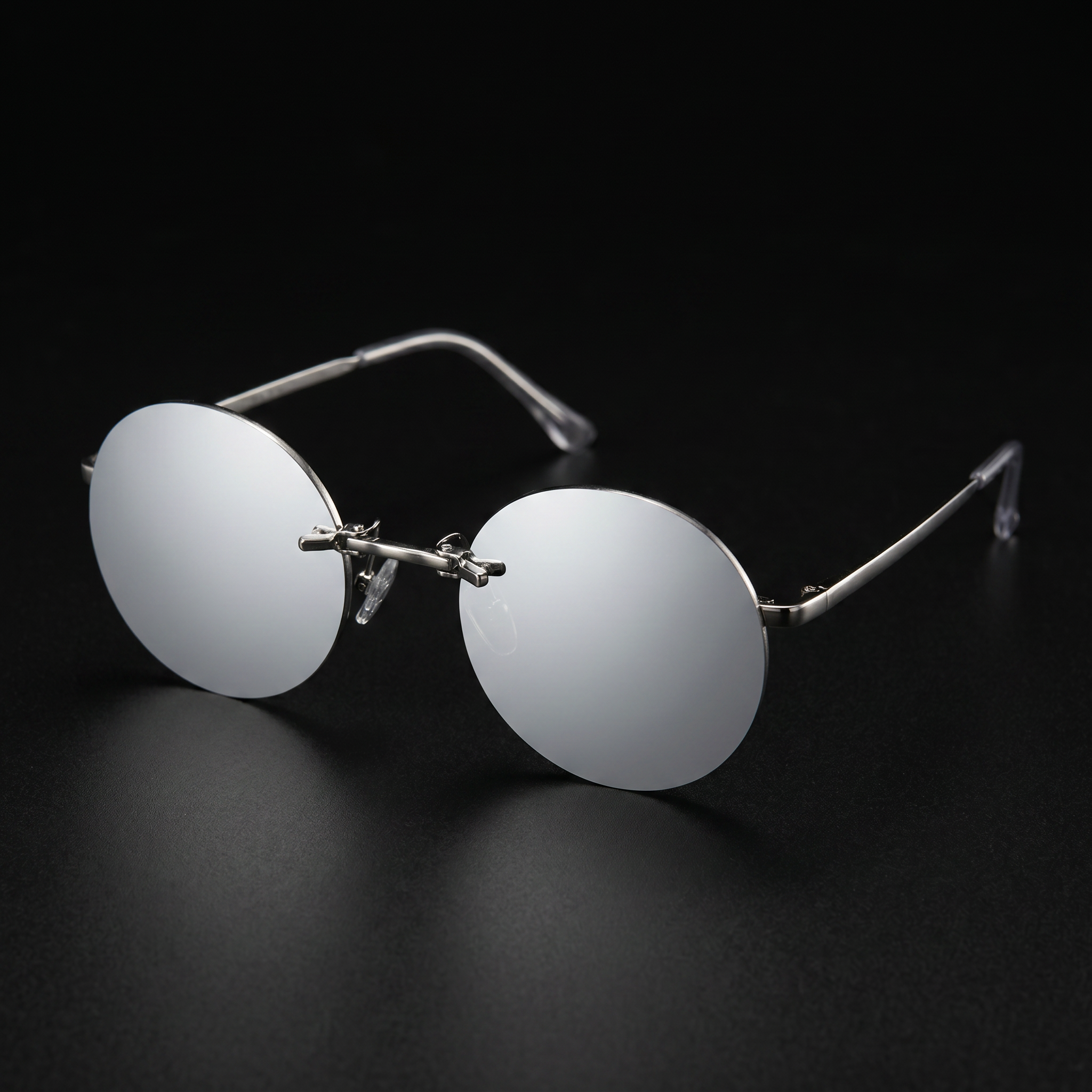 Round rimless clip-on sunglasses silver mirror colorway studio close-up