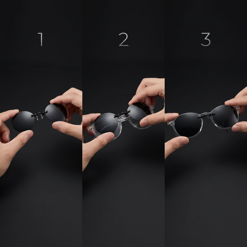 Three-step clip-on lens mechanism infographic: pinch, place, release
