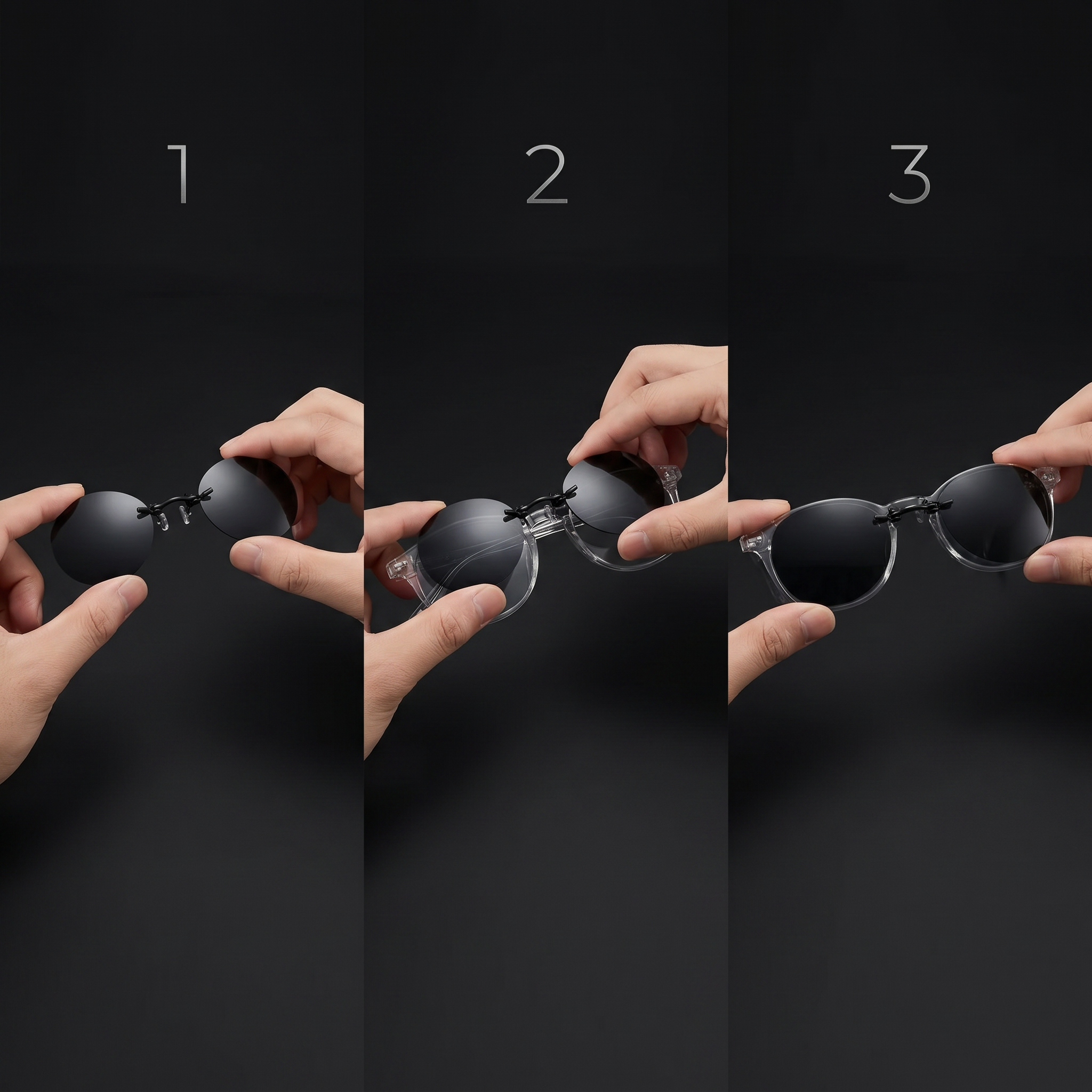 Three-step clip-on lens mechanism infographic: pinch, place, release