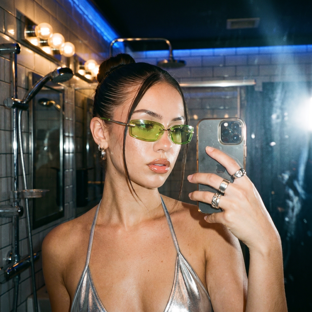 Swervy Vision Y2K rimless shades in lime green in a chrome bathroom mirror selfie