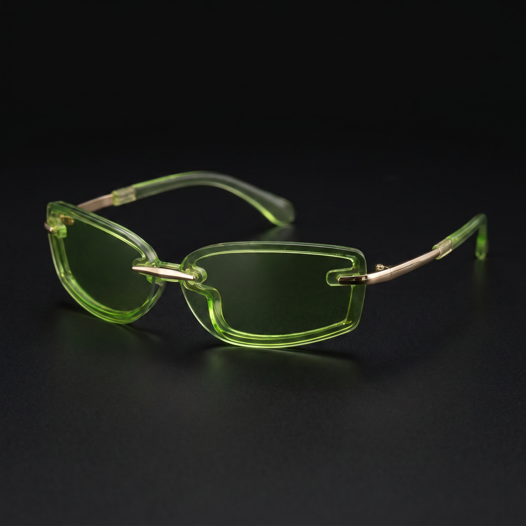 Swervy Vision Y2K rimless shades lime green lens studio close-up