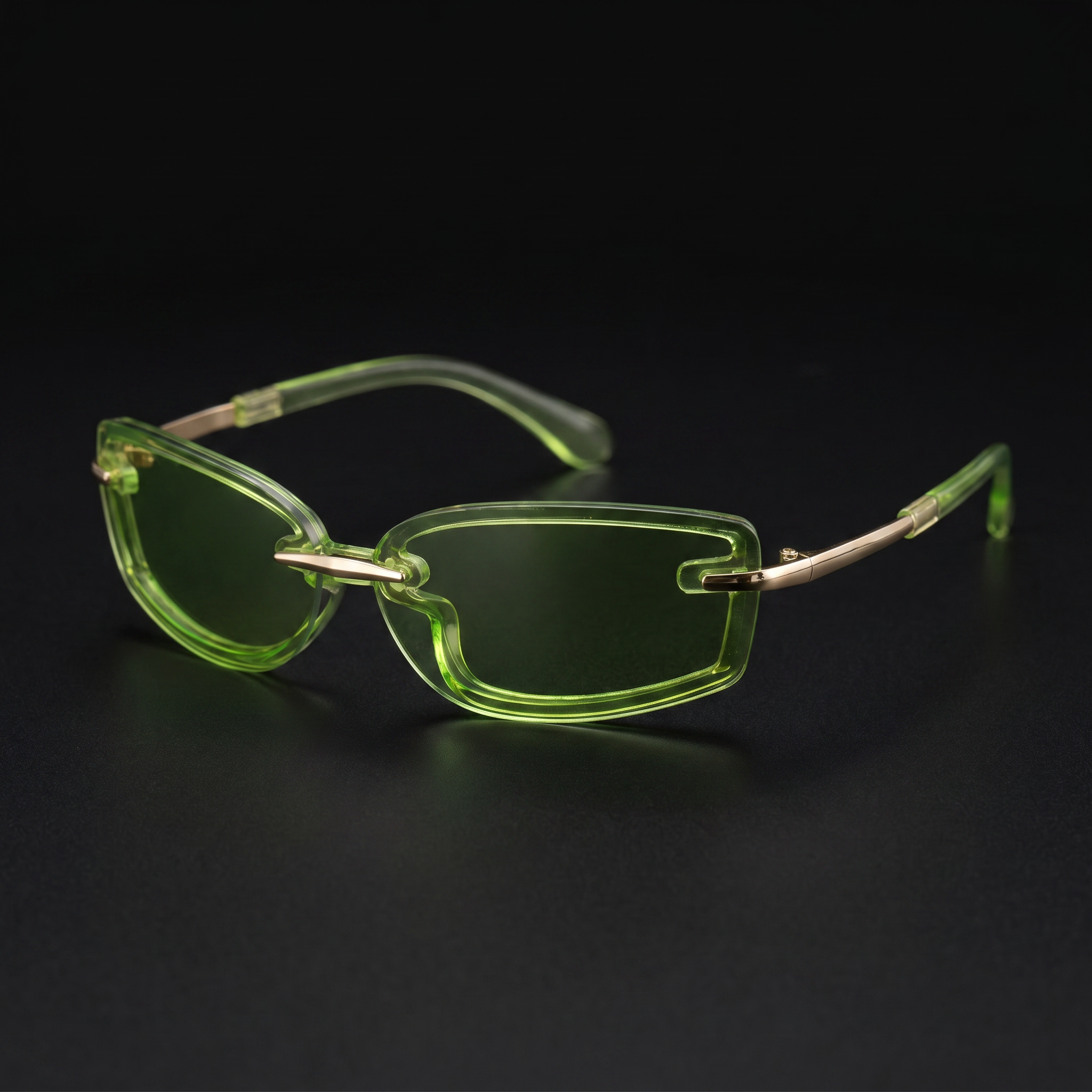 Swervy Vision Y2K rimless shades lime green lens studio close-up