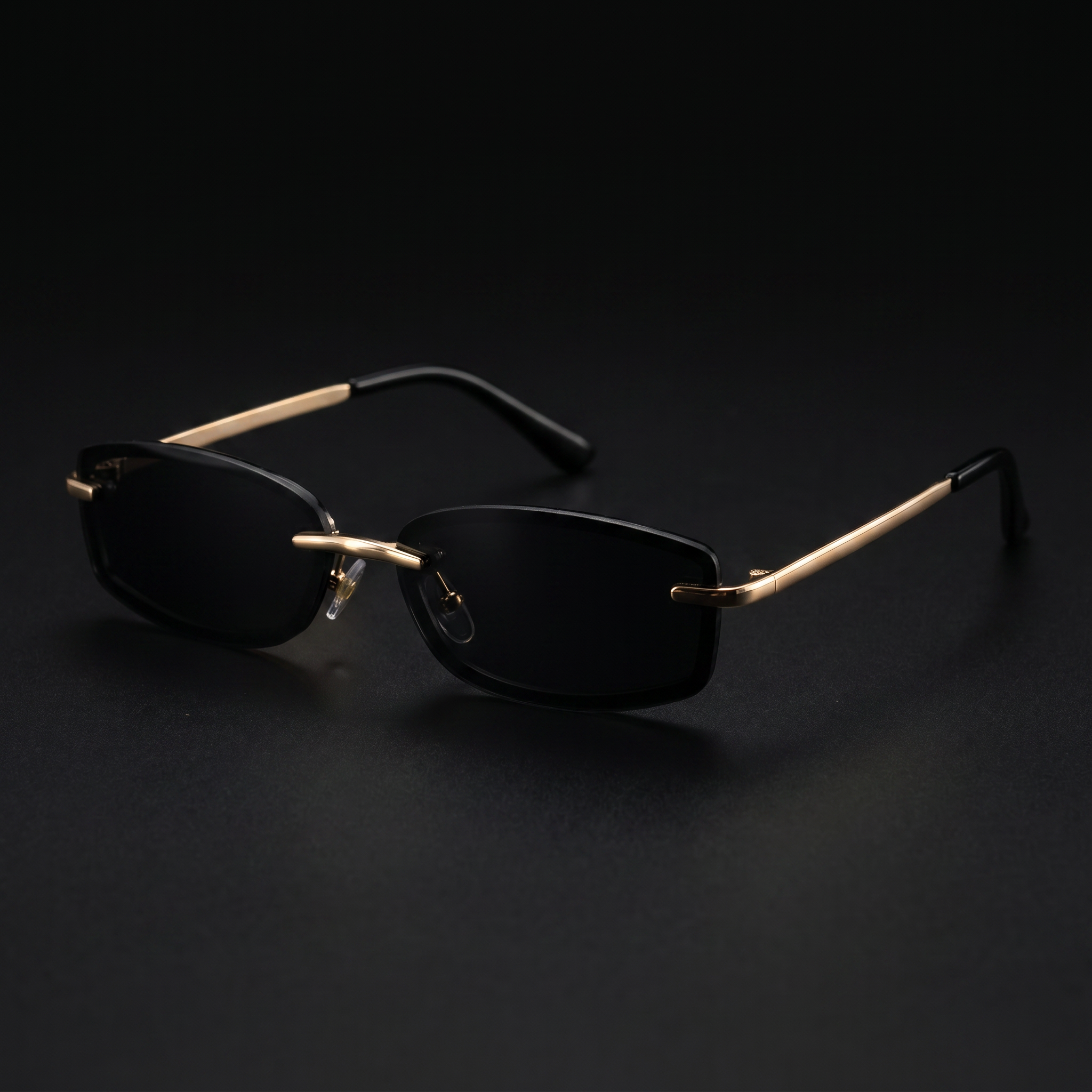Swervy Vision Y2K rimless shades black lens studio close-up