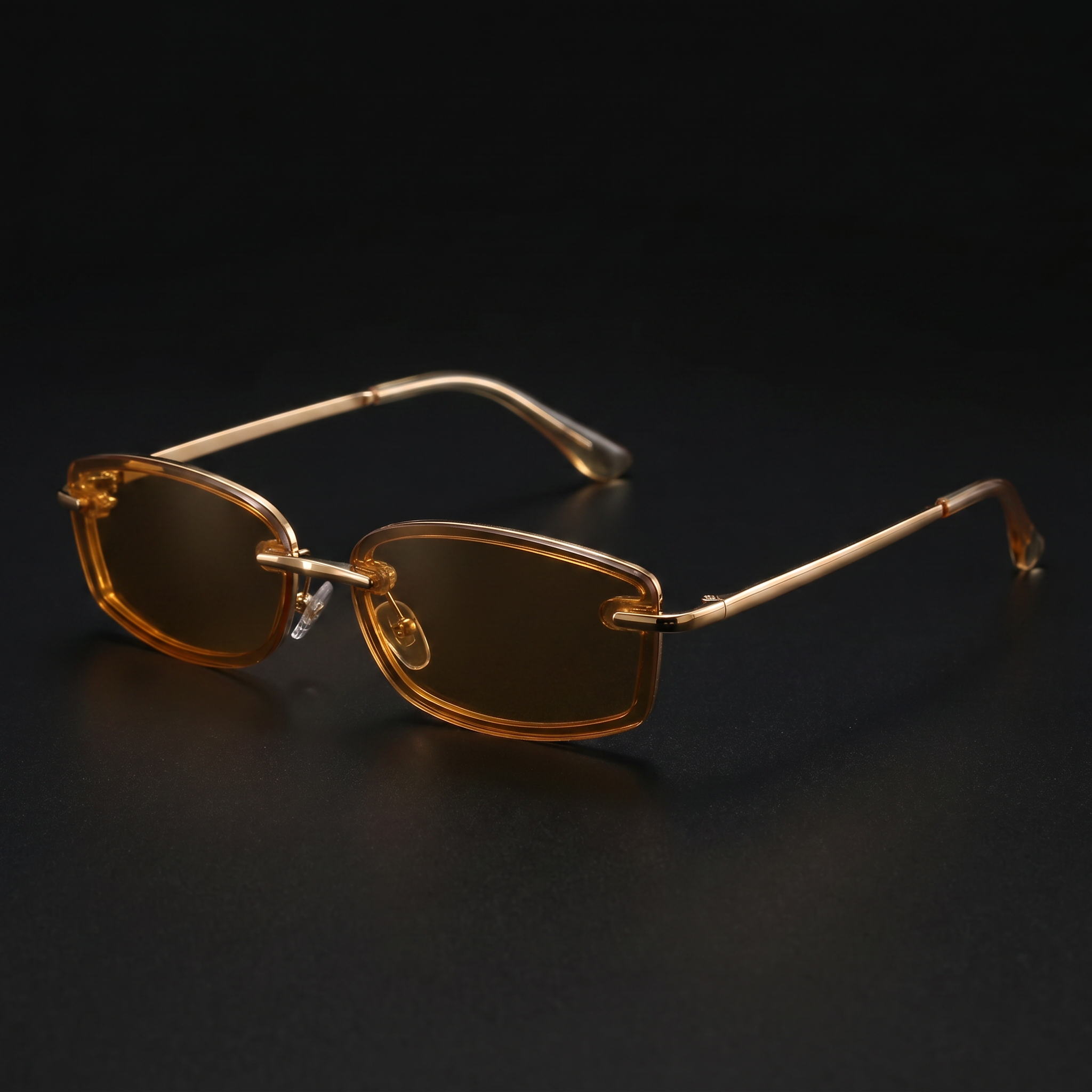 Swervy Vision Y2K rimless shades amber lens studio close-up