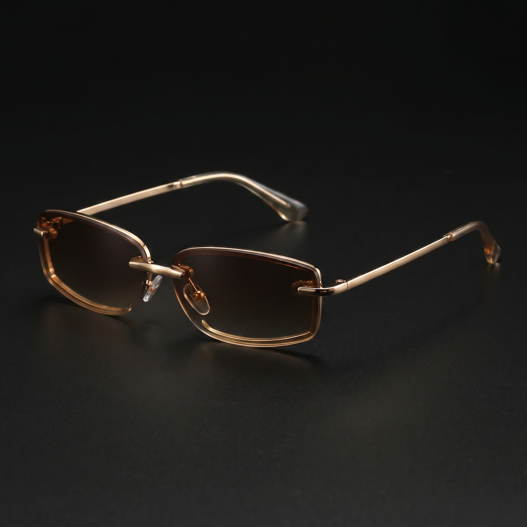 Swervy Vision Y2K rimless shades brown lens studio close-up