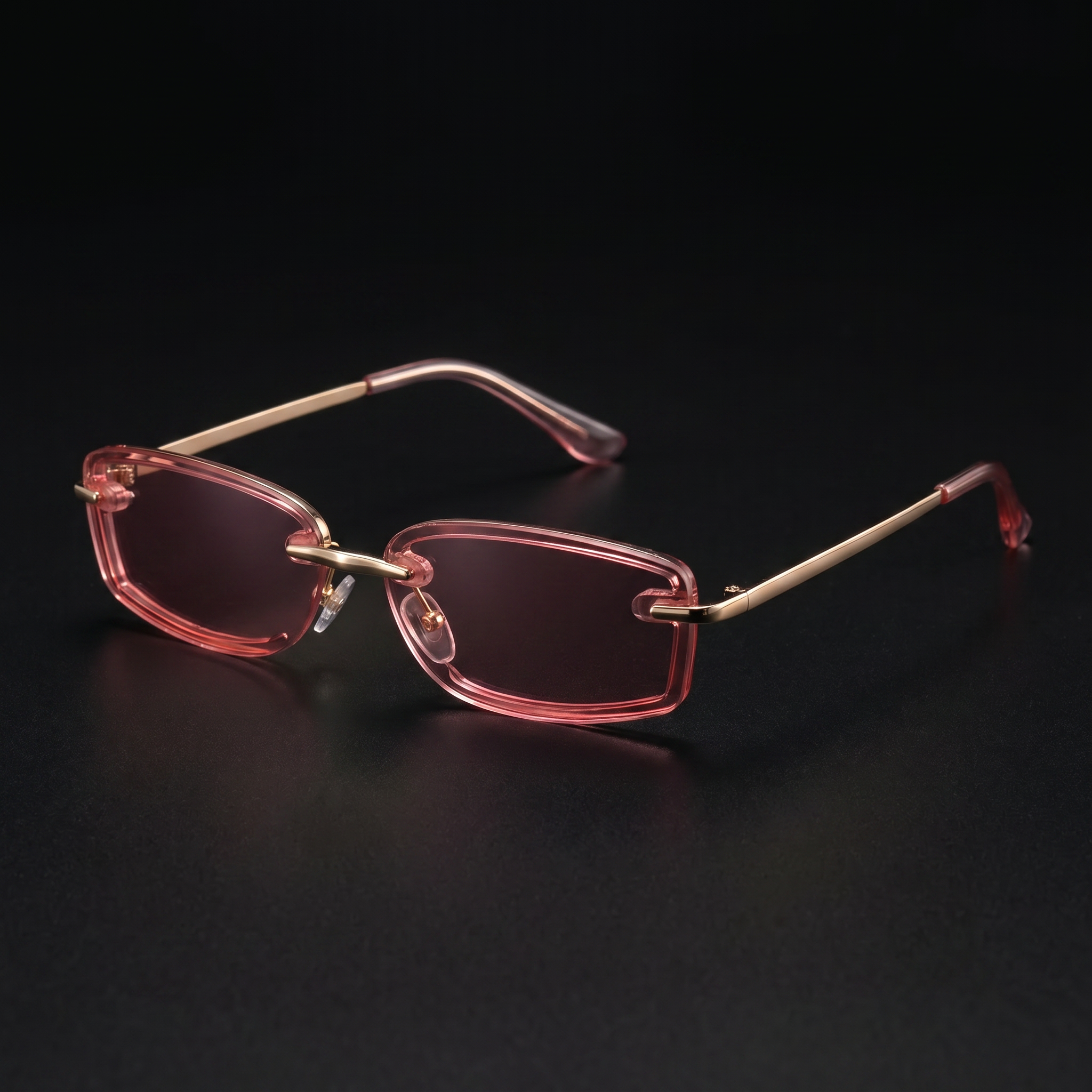 Swervy Vision Y2K rimless shades pink lens studio close-up