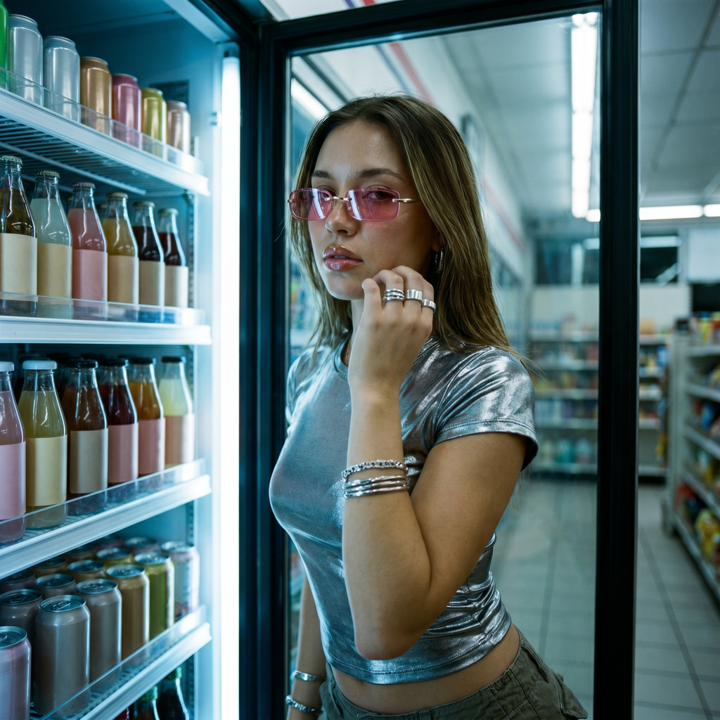 Swervy Vision Y2K rimless shades in pink worn in a 3am gas station fridge glow