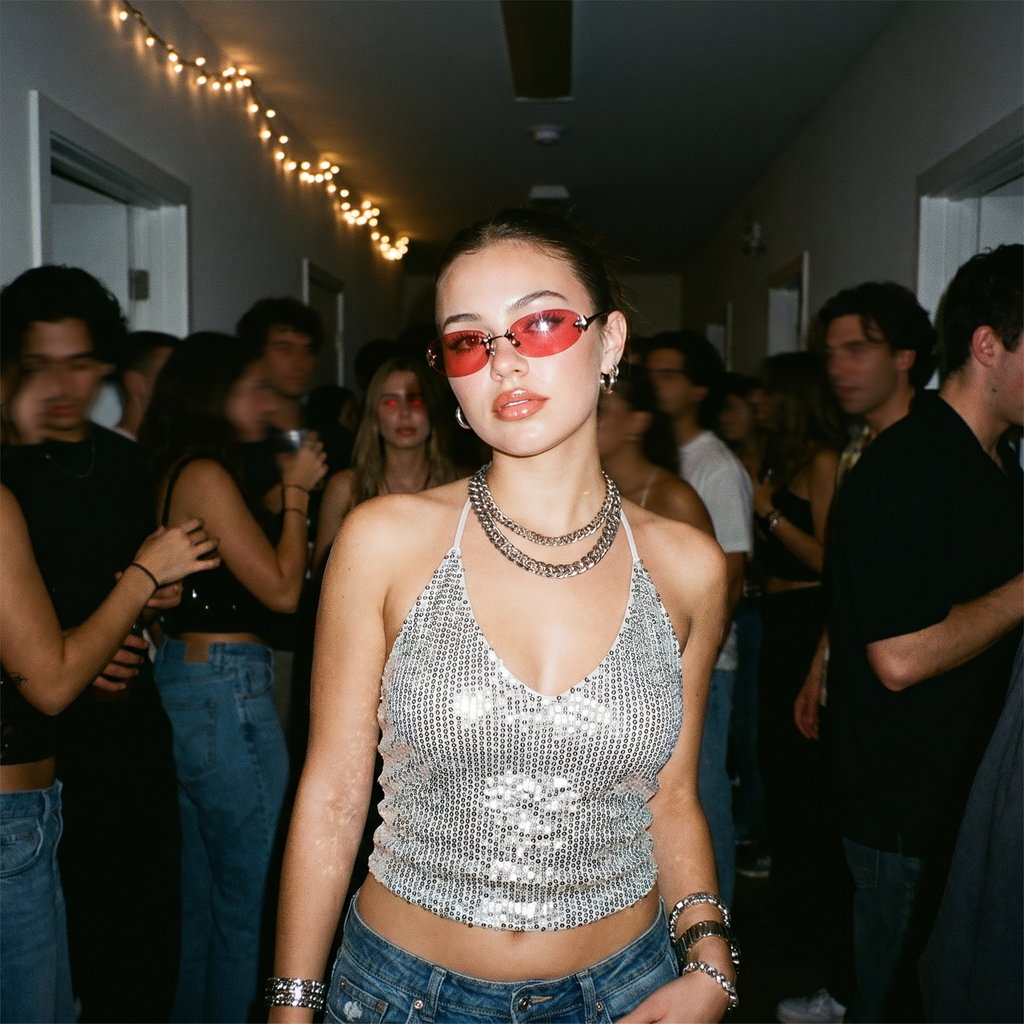 Chrome Star oval Y2K sunglasses in rose red worn at a flash house party