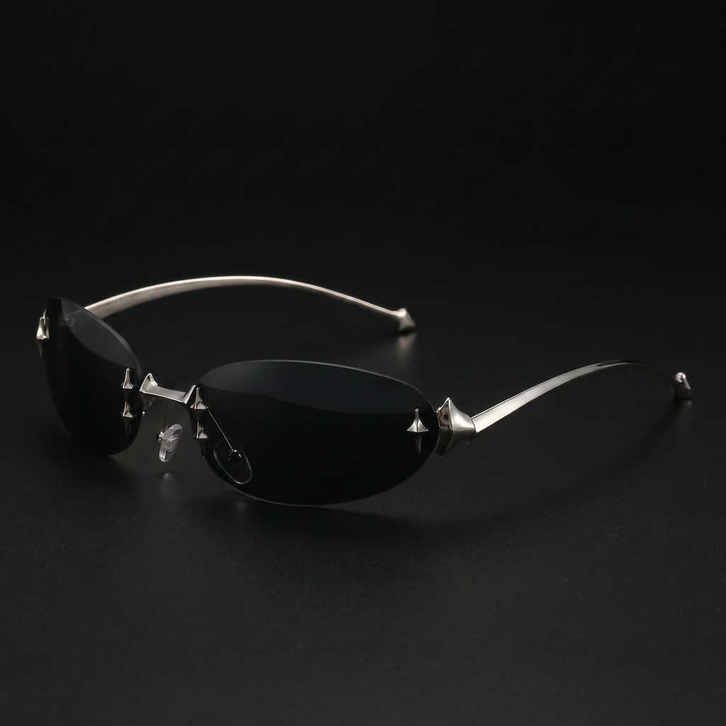 Chrome Star oval Y2K sunglasses gray colorway studio close-up