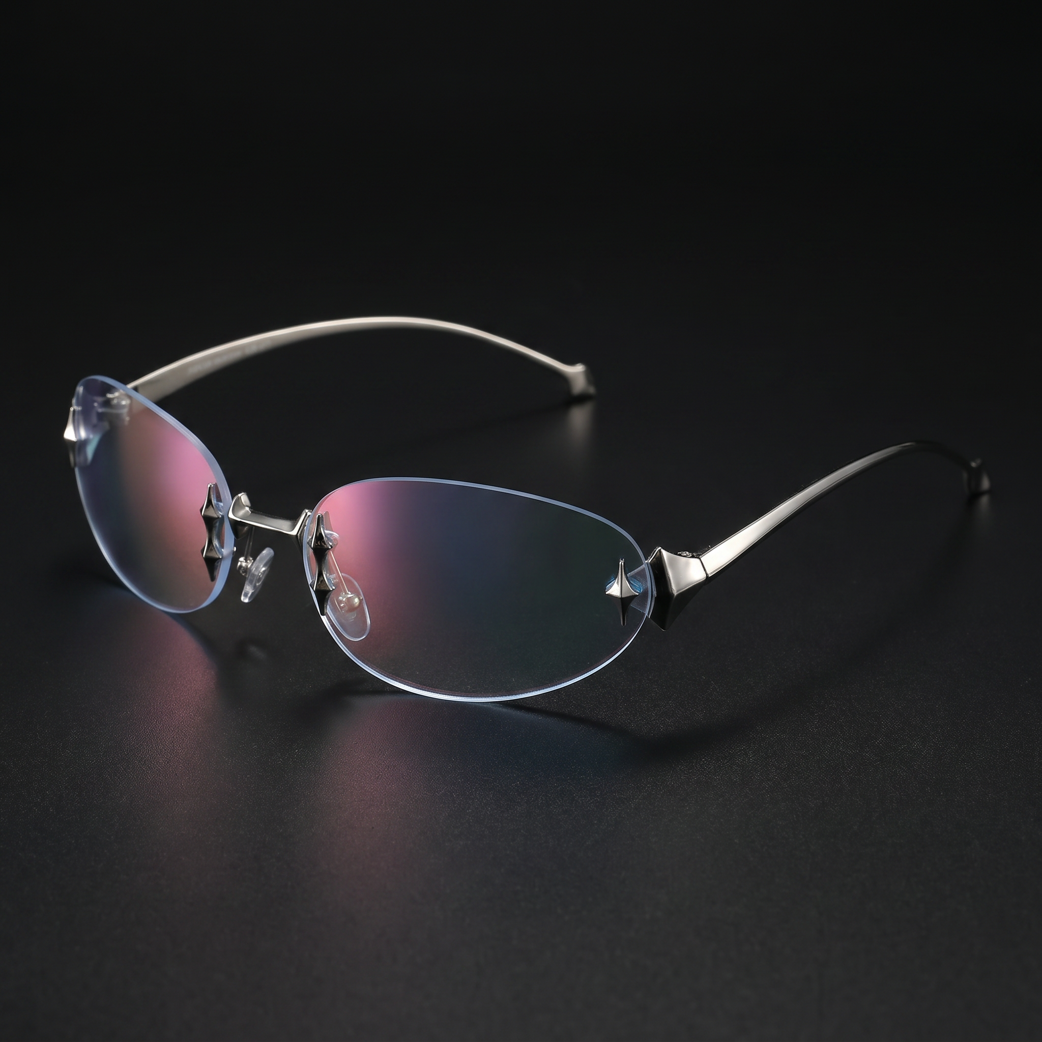 Chrome Star oval Y2K sunglasses iridescent colorway studio close-up