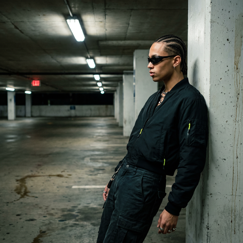 Future Wrap Y2K sunglasses in black worn at night in an underground parking garage
