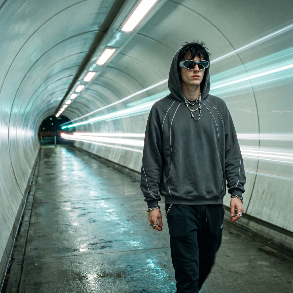 Alien Wrap Shield sunglasses in silver worn in a night pedestrian tunnel with light trails