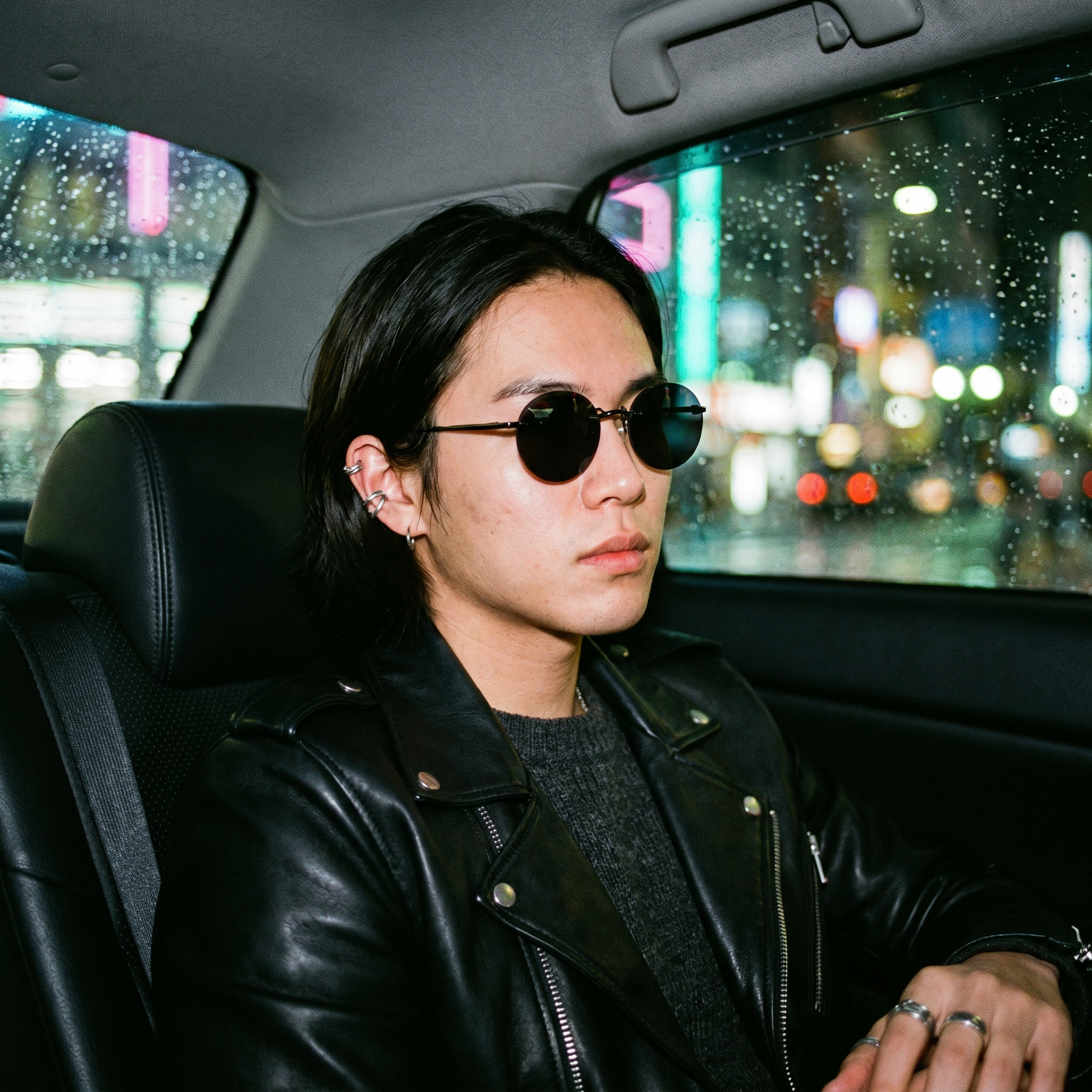 Round rimless clip-on sunglasses in black worn in a night rideshare backseat