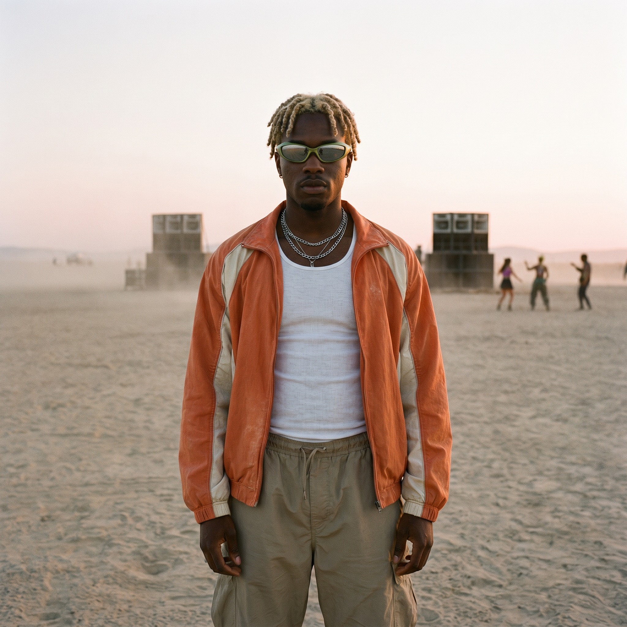 Future Wrap Y2K sunglasses in olive worn at a desert rave at dawn