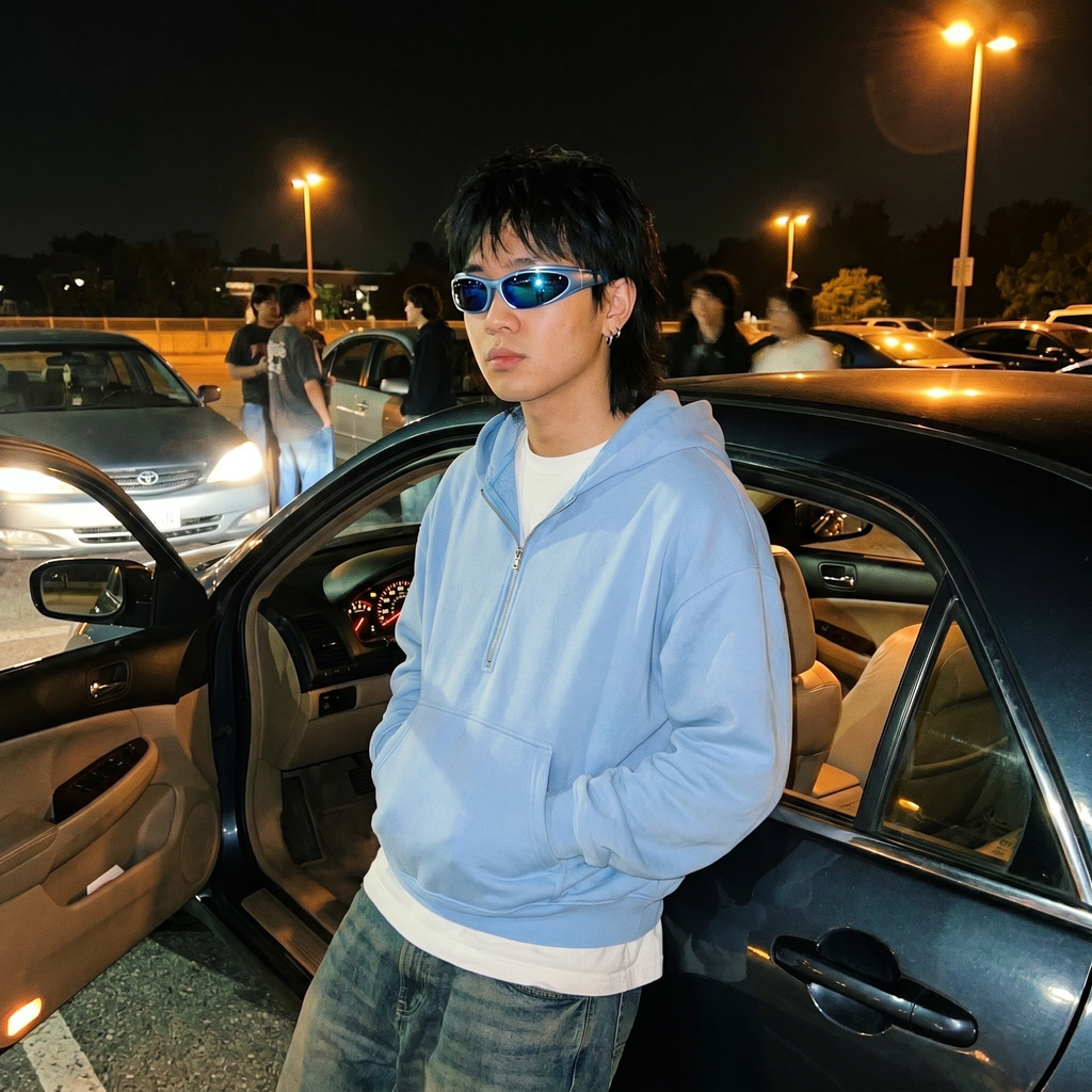Y2K Speed Wrap sunglasses in blue mirror worn at a night car park
