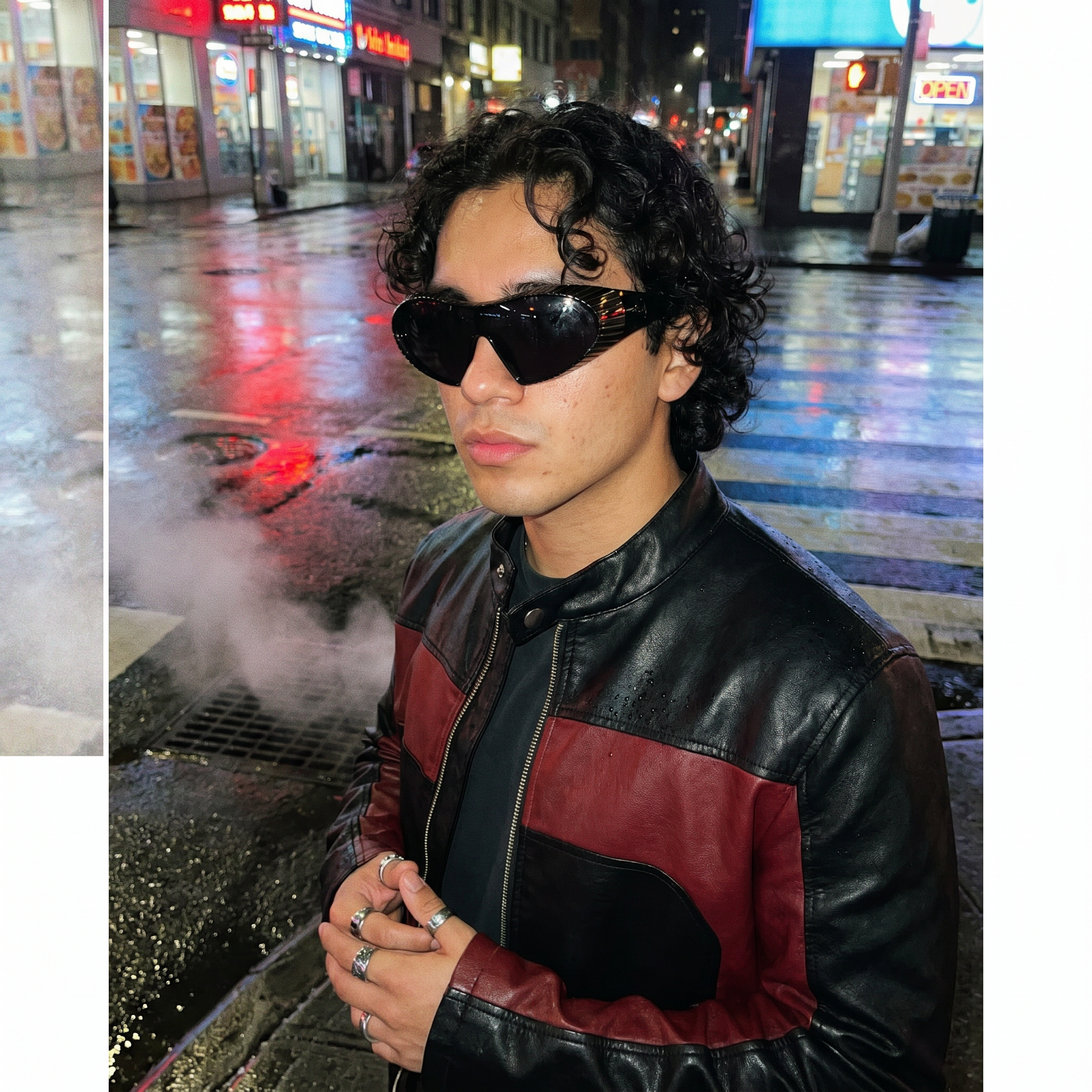 Alien Wrap Shield sunglasses in black worn on a rain-slick neon street at night