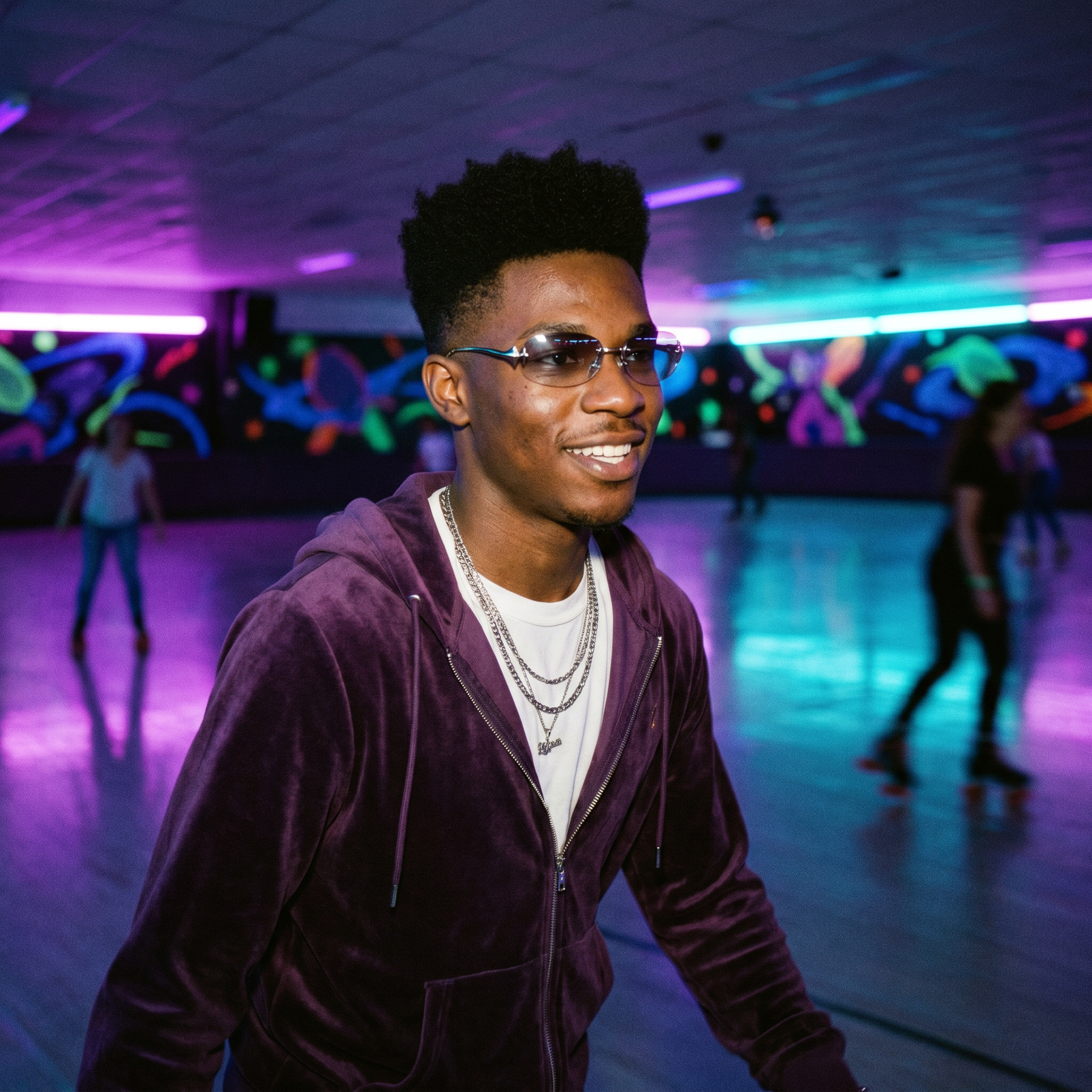 Chrome Star oval Y2K sunglasses in silver worn at a neon roller rink