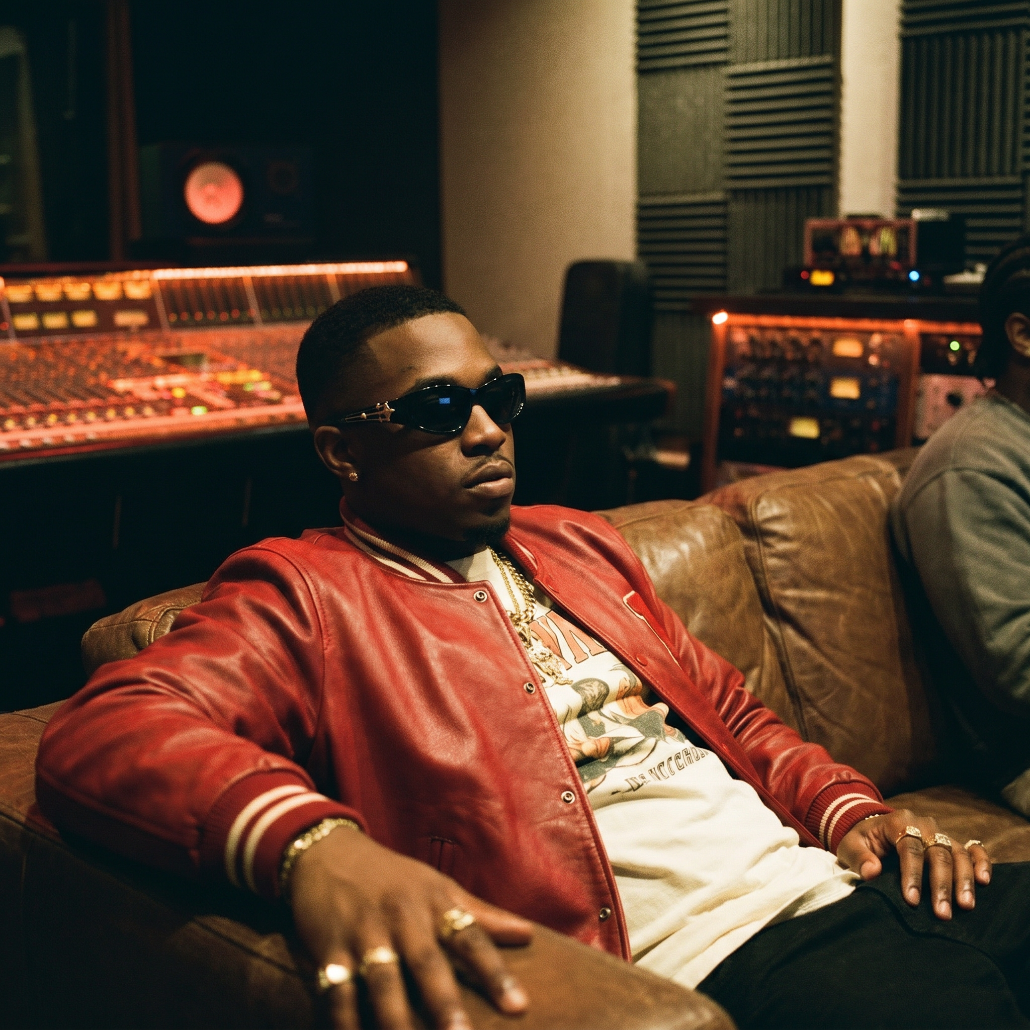 Star Rivet Y2K Sunglasses in Black worn in a late-night recording studio
