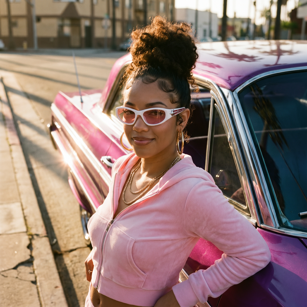 Star Rivet Y2K Sunglasses in White/Pink worn beside a candy-paint lowrider at golden hour