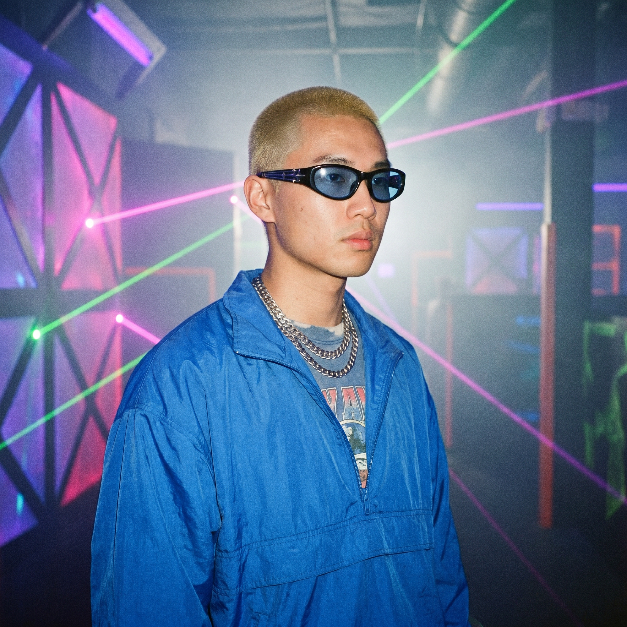 Star Rivet Y2K Sunglasses in Black/Blue worn in a laser-tag arena