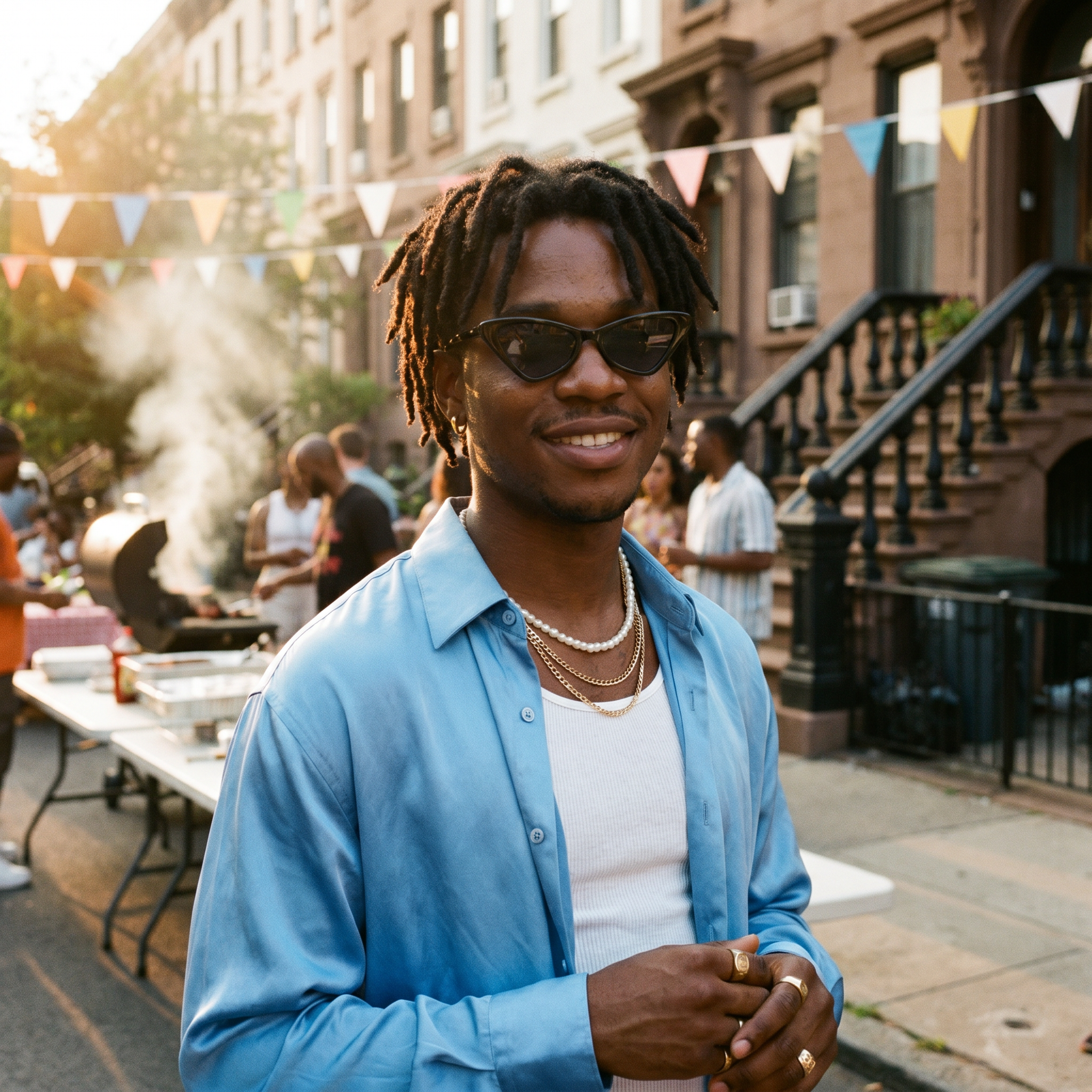 Small Cat Eye Retro 90s Sunglasses in Black worn at a block party at golden hour