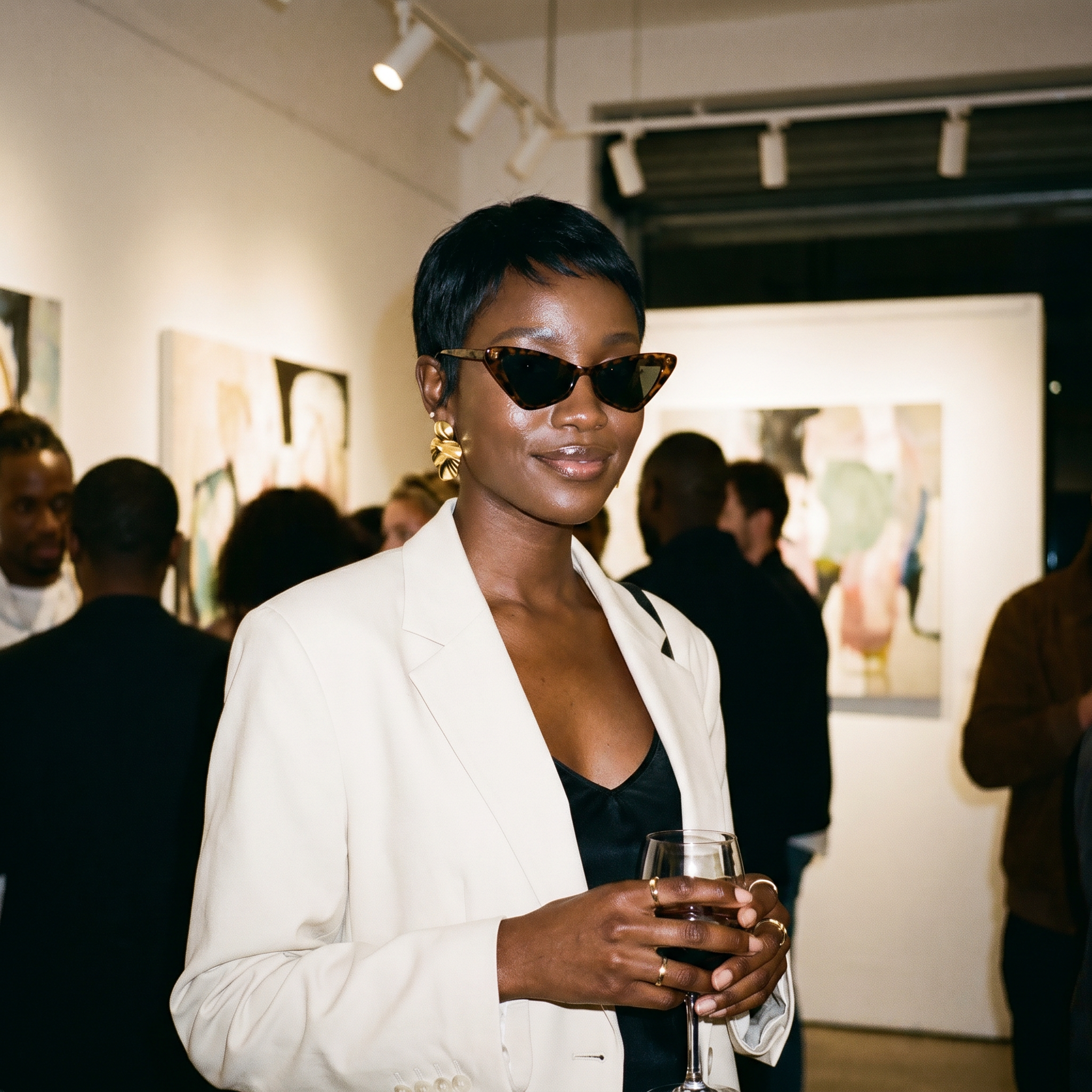 Small Cat Eye Retro 90s Sunglasses in Leopard worn at an art gallery opening