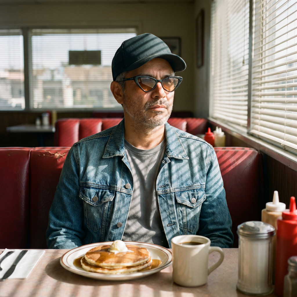 Small Cat Eye Retro 90s Sunglasses in Black Amber worn in a diner booth