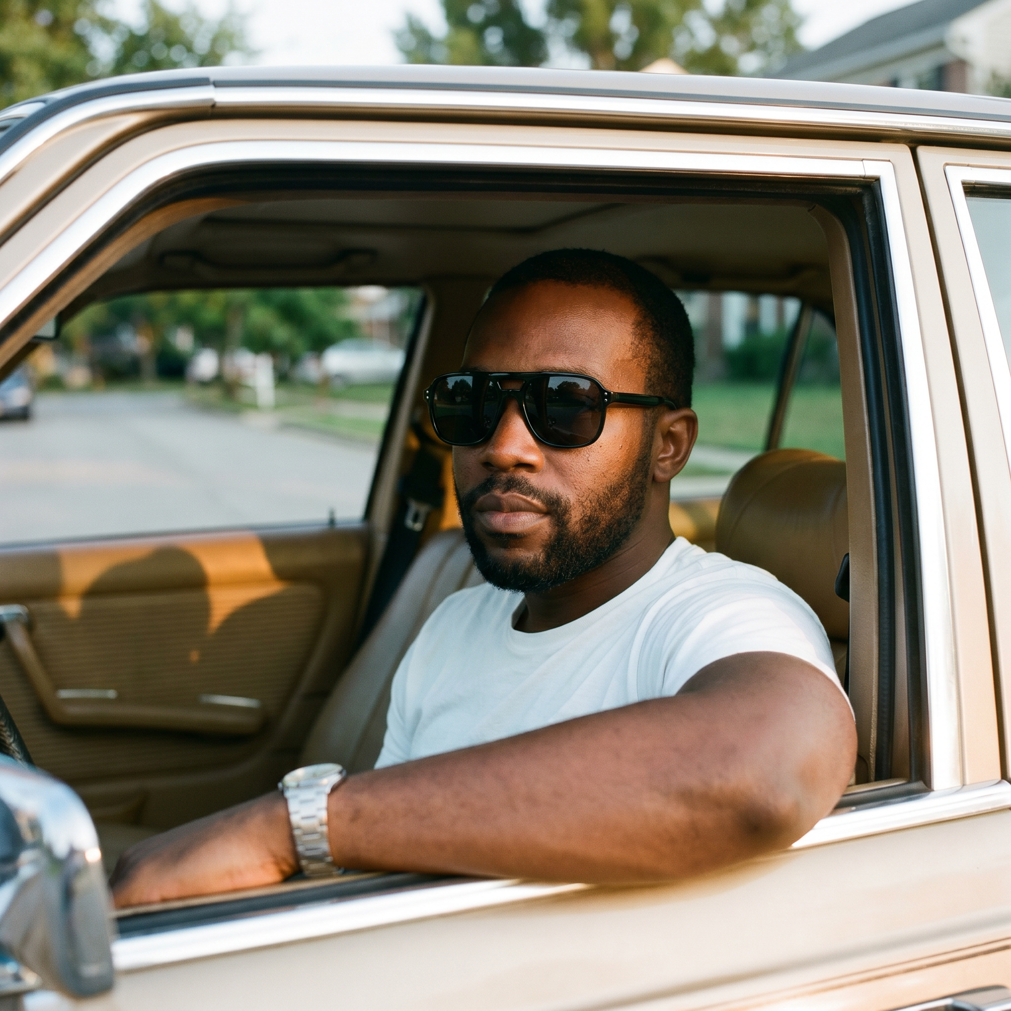 Vintage Square Sport Sunglasses in Black worn with arm out a vintage car window at dusk