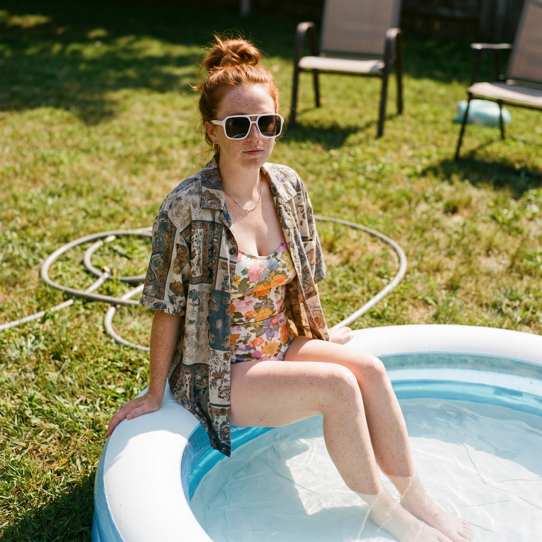 Vintage Square Sport Sunglasses in White/Gray worn by a kiddie pool in summer