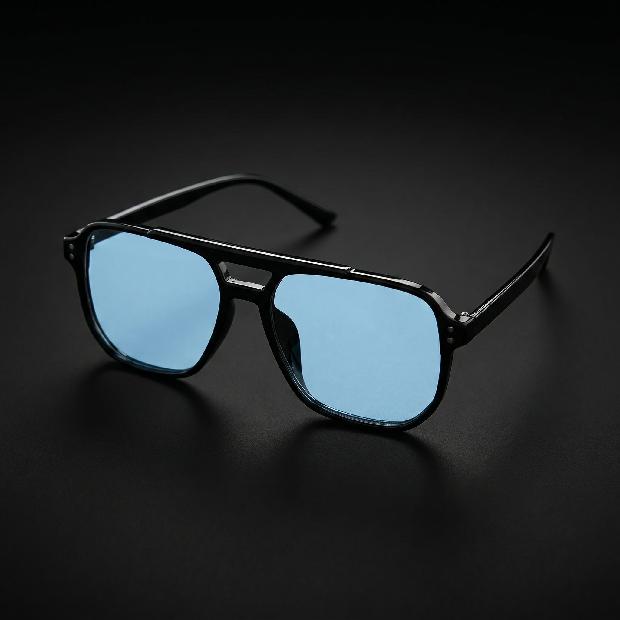 Vintage Square Sport Sunglasses – Black/Sky Blue colorway close-up