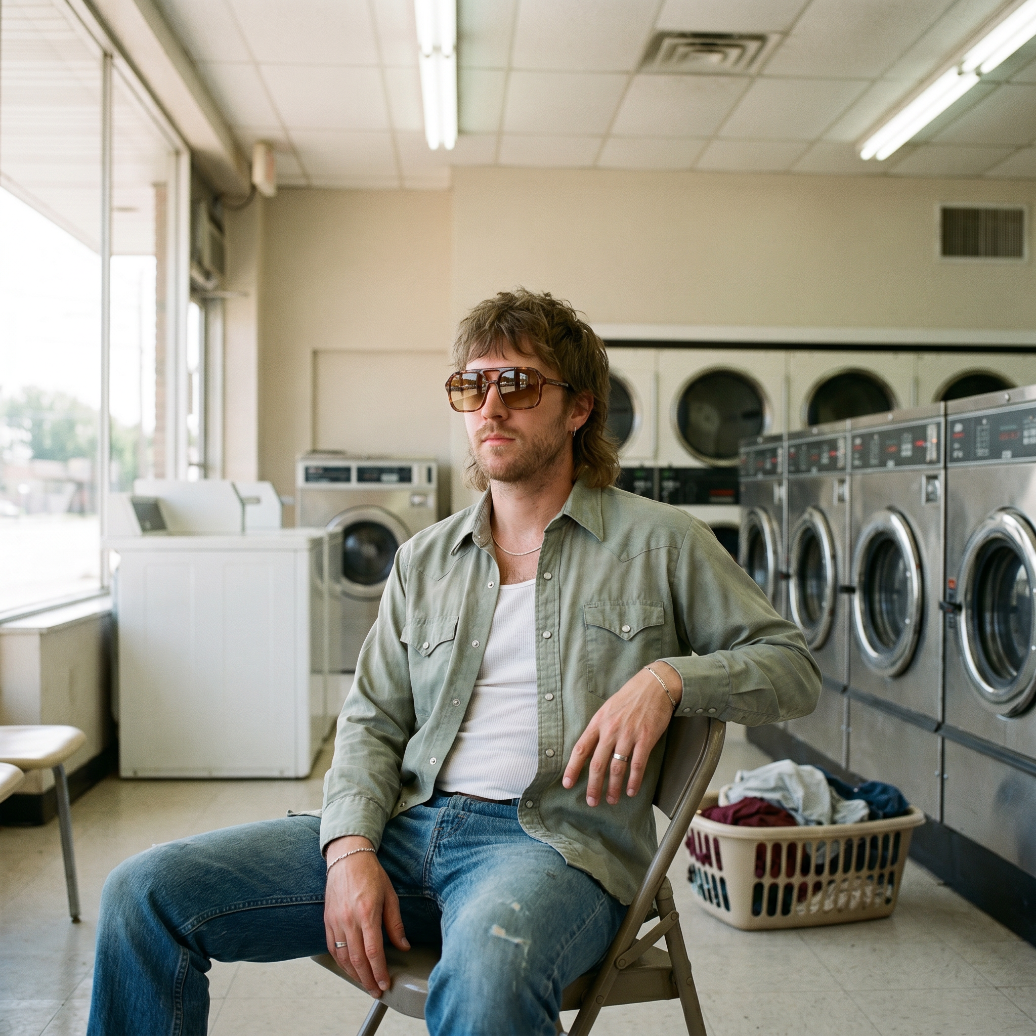 Vintage Square Sport Sunglasses in Tortoise worn in a laundromat