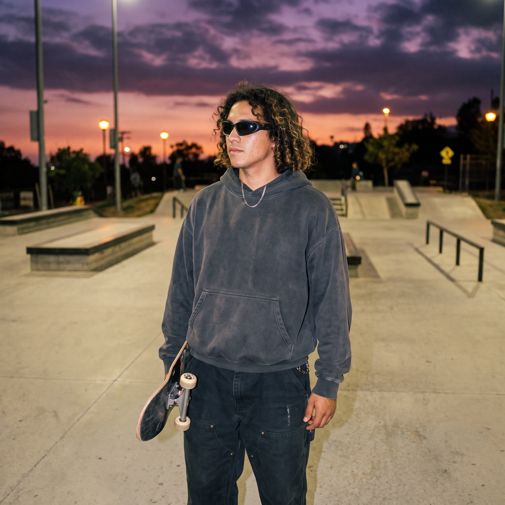 Swift Wrap Sport Sunglasses in Matte Black worn at a skate plaza at dusk