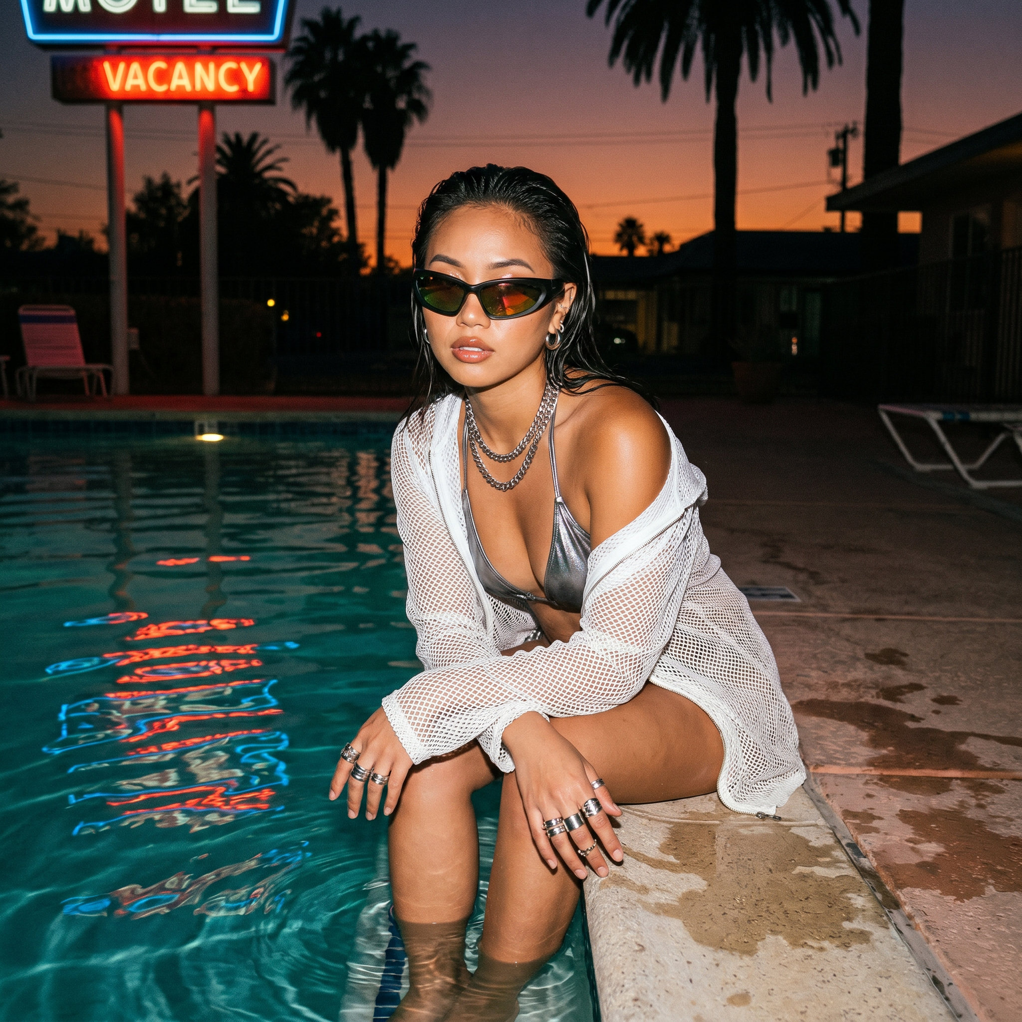 Swift Wrap Sport Sunglasses in Sunset Mirror worn at a motel pool at dusk