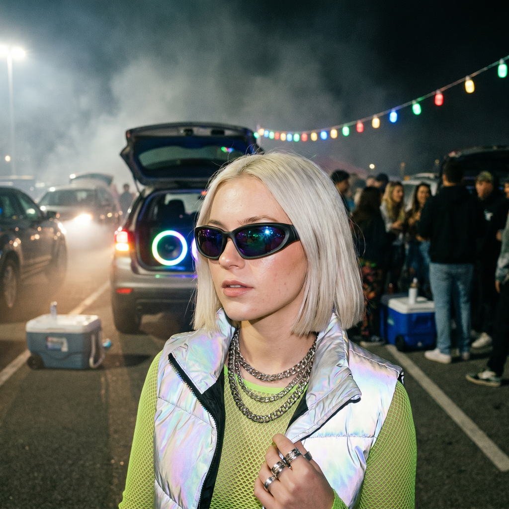 Swift Wrap Sport Sunglasses in Galaxy Mirror worn at a stadium-lot tailgate rave