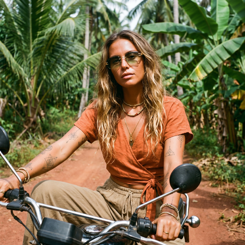 Rimless Gradient Luxe Sunglasses in Gold Green worn on a jungle motorbike backroad