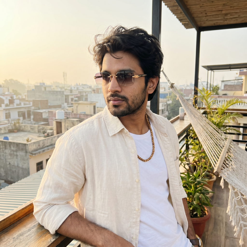 Rimless Gradient Luxe Sunglasses in Grey Brown worn on a hostel rooftop in the morning