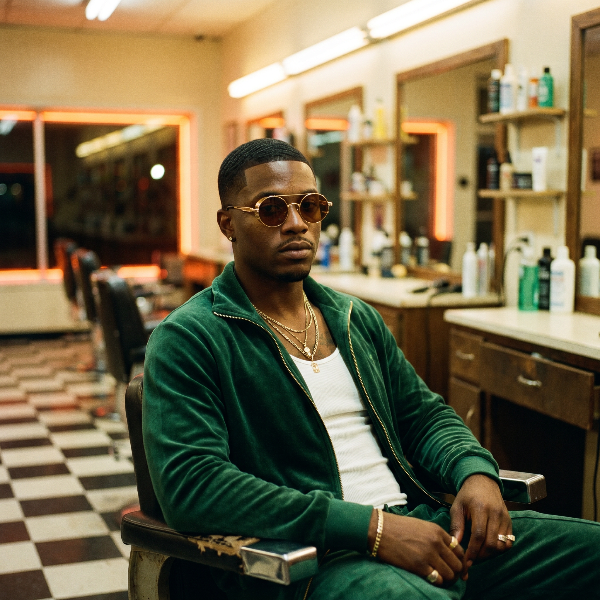 Round Steampunk Sunglasses in Gold Tea worn in a barbershop chair