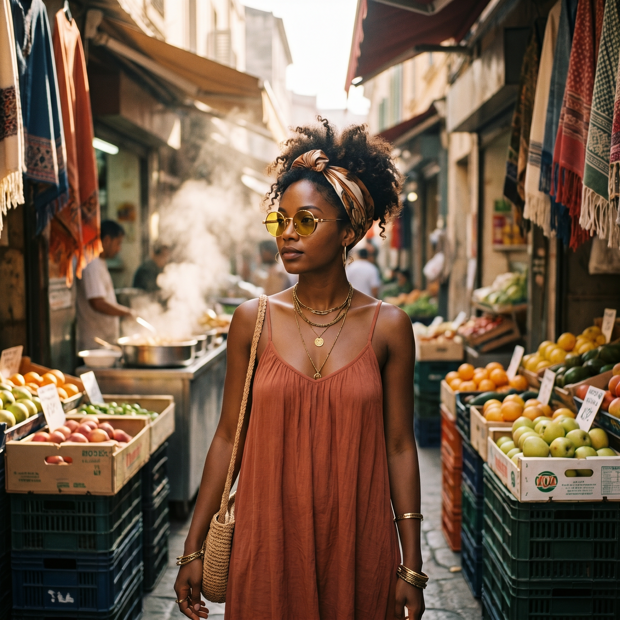 Round Steampunk Sunglasses in Gold Clear worn in a morning market alley