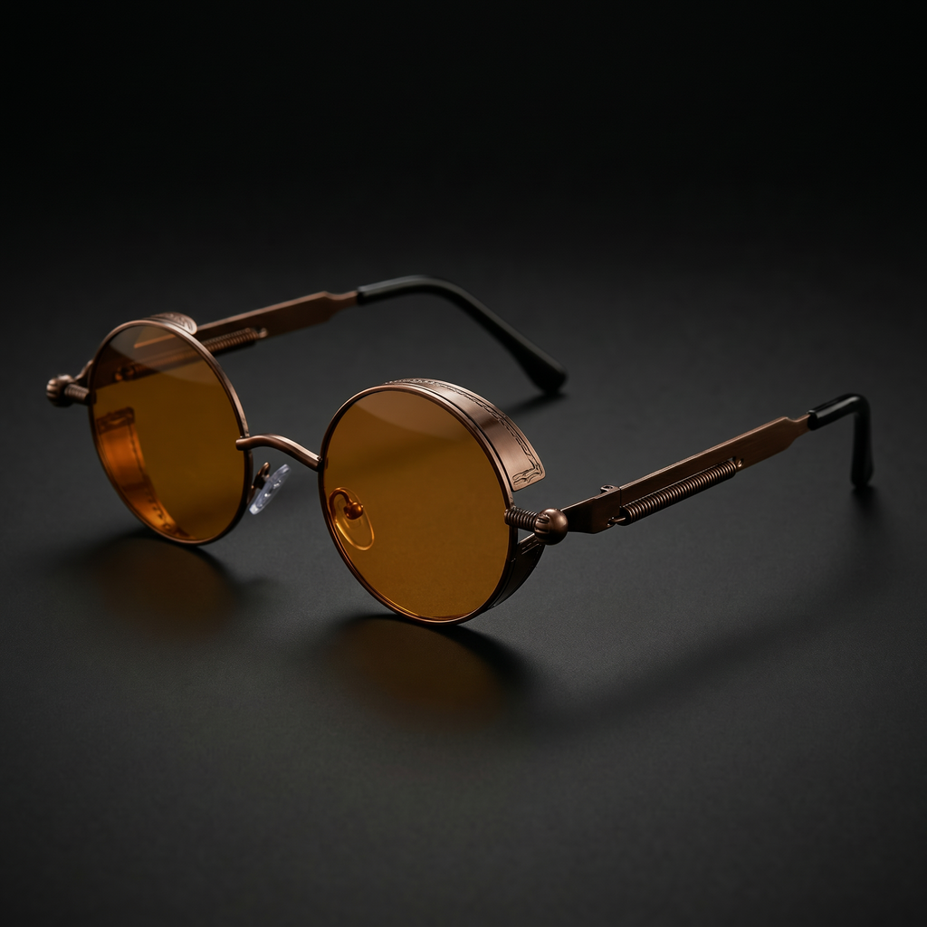 Round Steampunk Sunglasses – Tea colorway close-up
