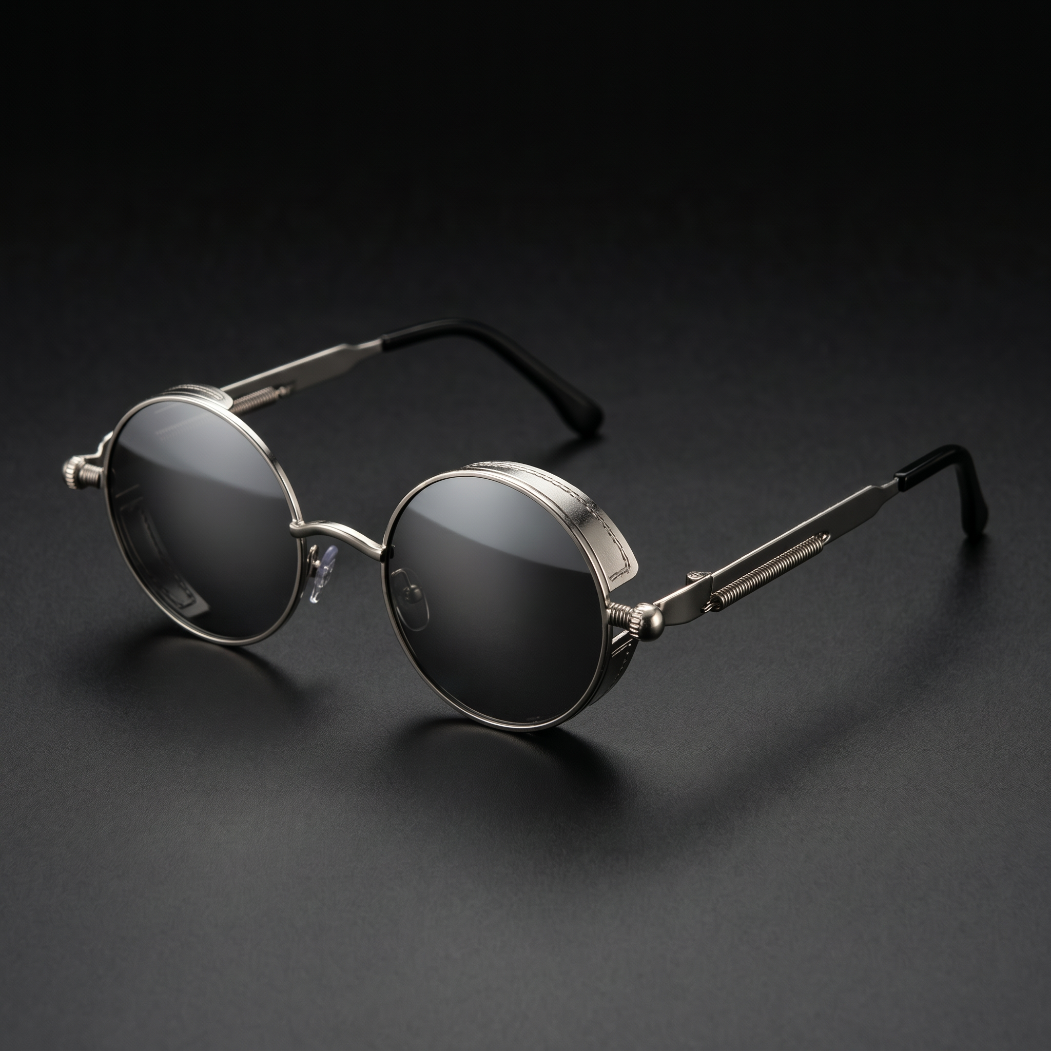 Round Steampunk Sunglasses – Silver colorway close-up