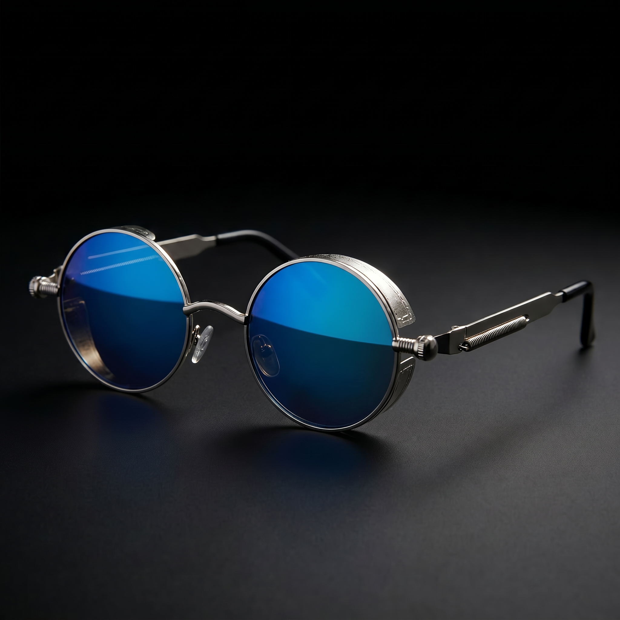 Round Steampunk Sunglasses – Silver Blue colorway close-up