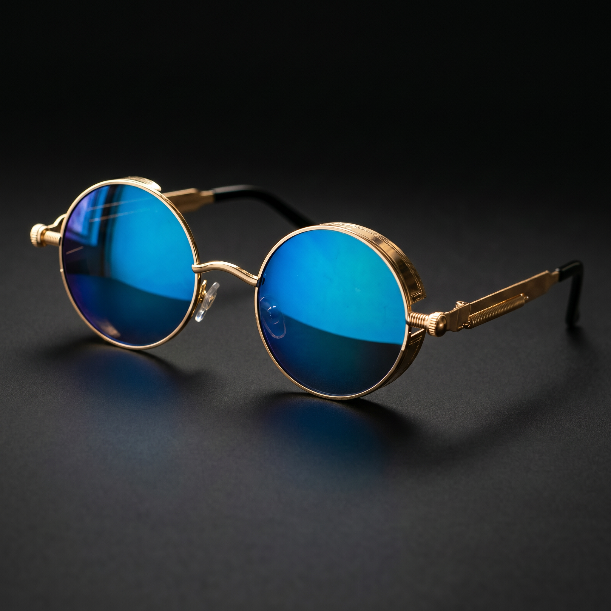Round Steampunk Sunglasses – Gold Blue colorway close-up
