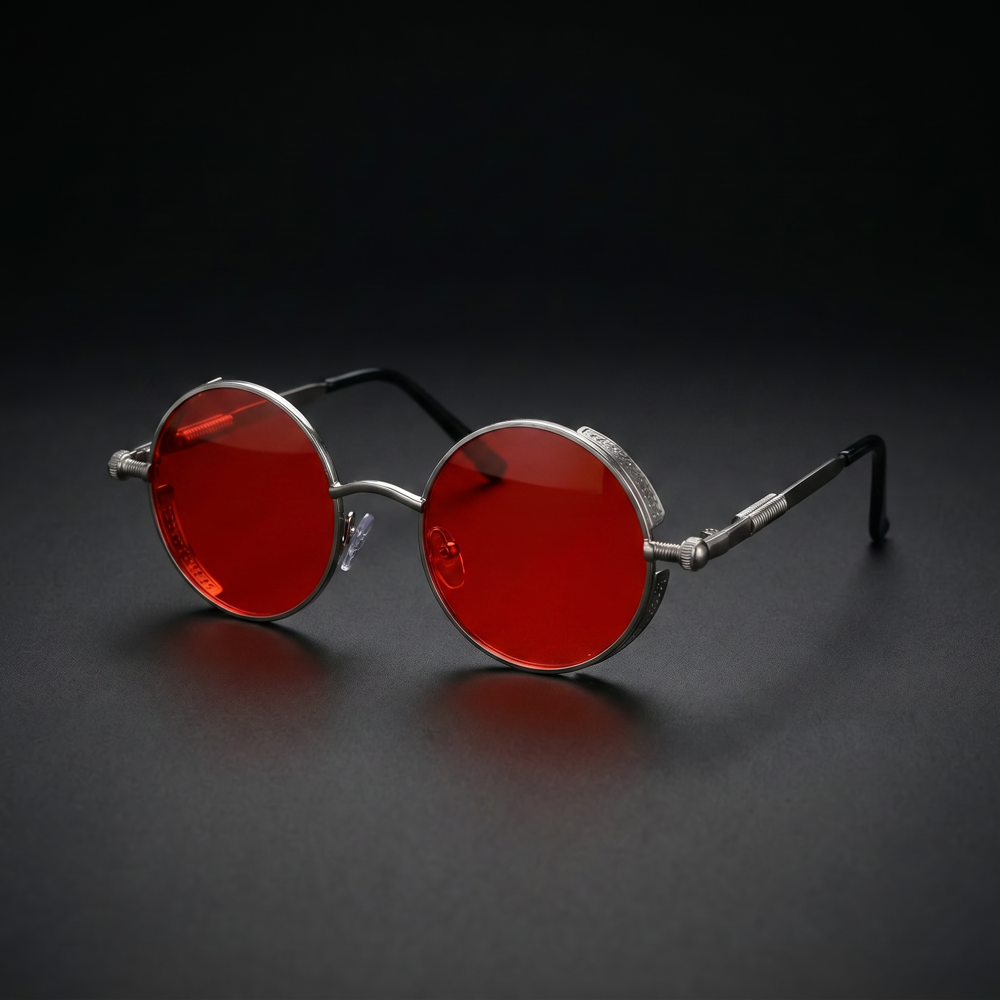 Round Steampunk Sunglasses – Silver Red colorway close-up