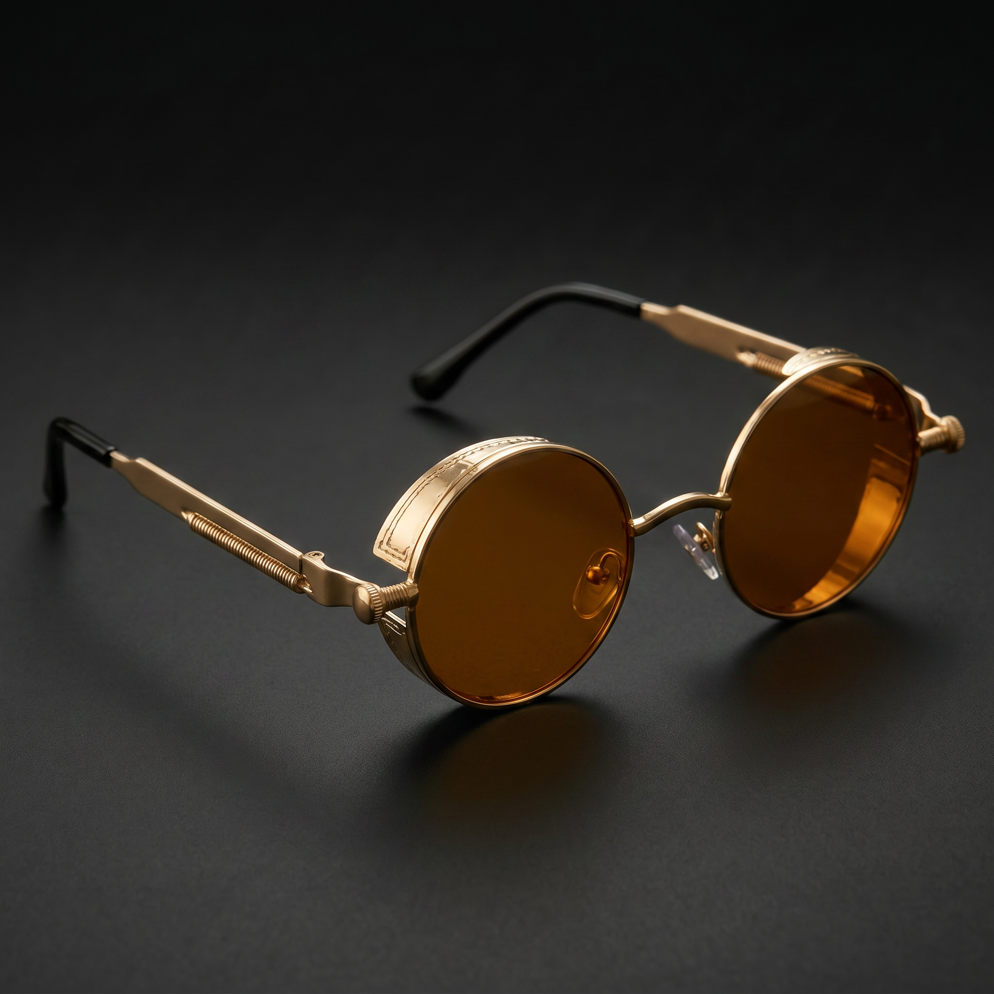 Round Steampunk Sunglasses – Gold Tea colorway close-up