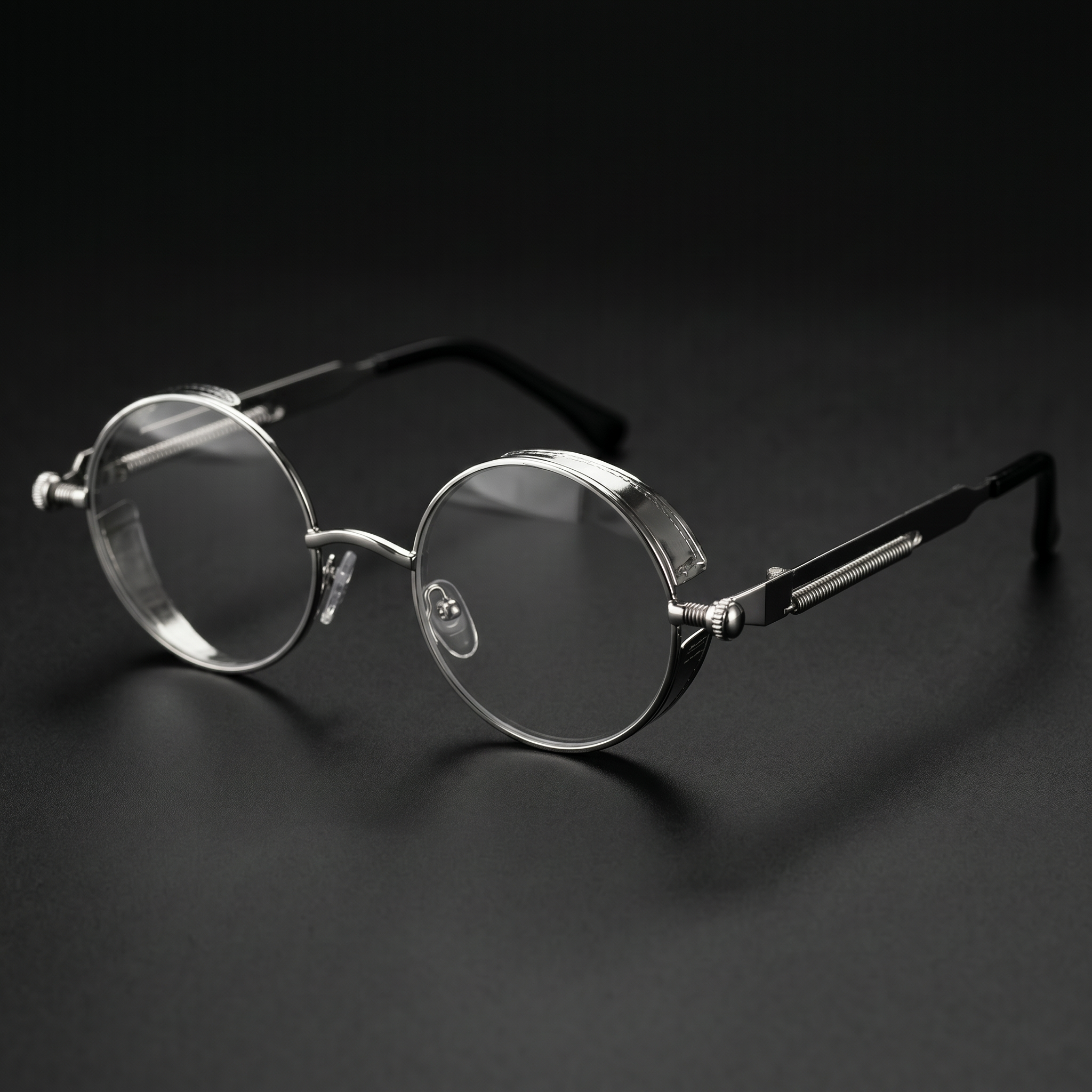 Round Steampunk Sunglasses – Silver Clear colorway close-up